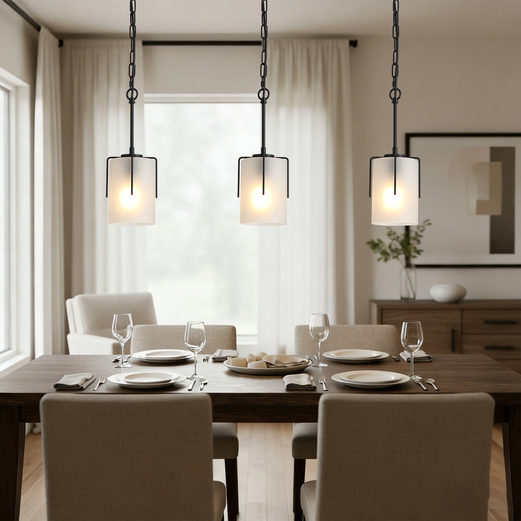 Modern Adjustable Cylindrical Pendant Light, Milky White Frosted Glass & Black Metal Frame, E26 Base, Compatible with Flat/Vaulted/Sloped Ceilings, Ideal for Kitchen Island, Dining Room, Bedroom - Image 6