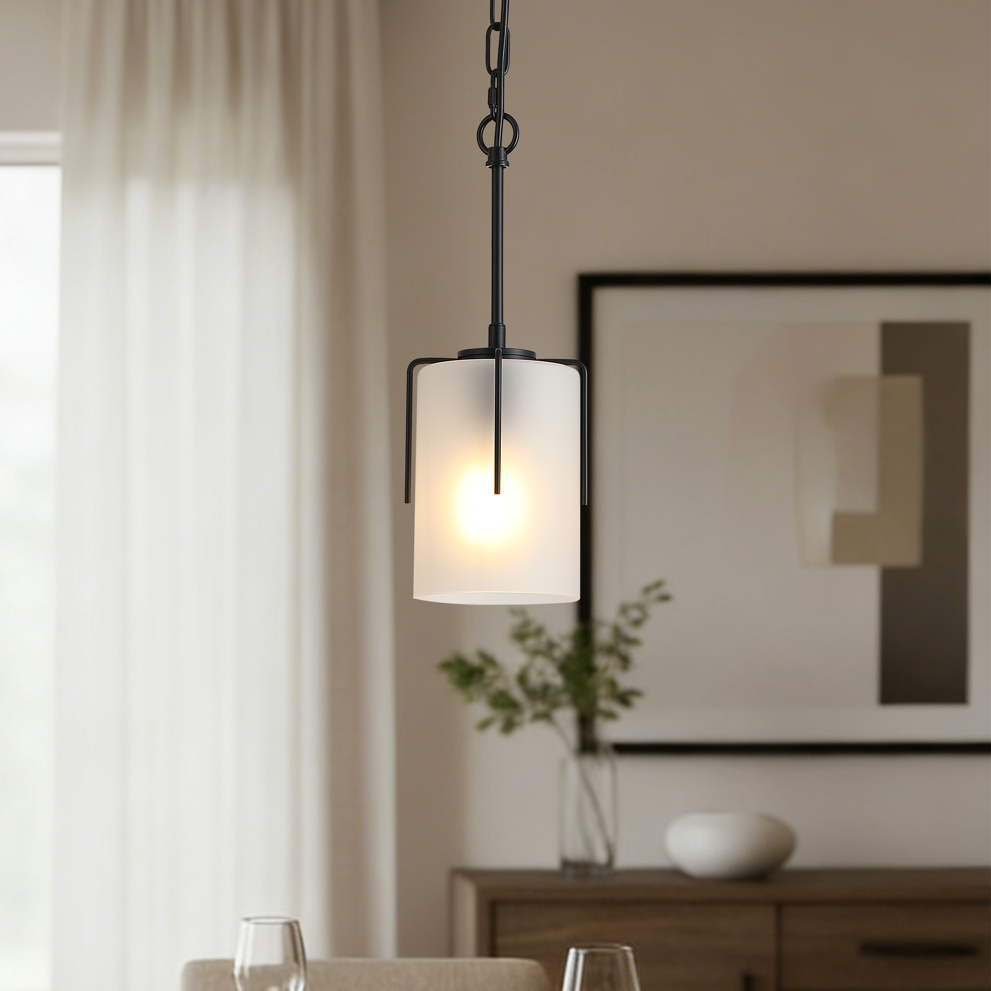 Modern Adjustable Cylindrical Pendant Light, Milky White Frosted Glass & Black Metal Frame, E26 Base, Compatible with Flat/Vaulted/Sloped Ceilings, Ideal for Kitchen Island, Dining Room, Bedroom - Image 5