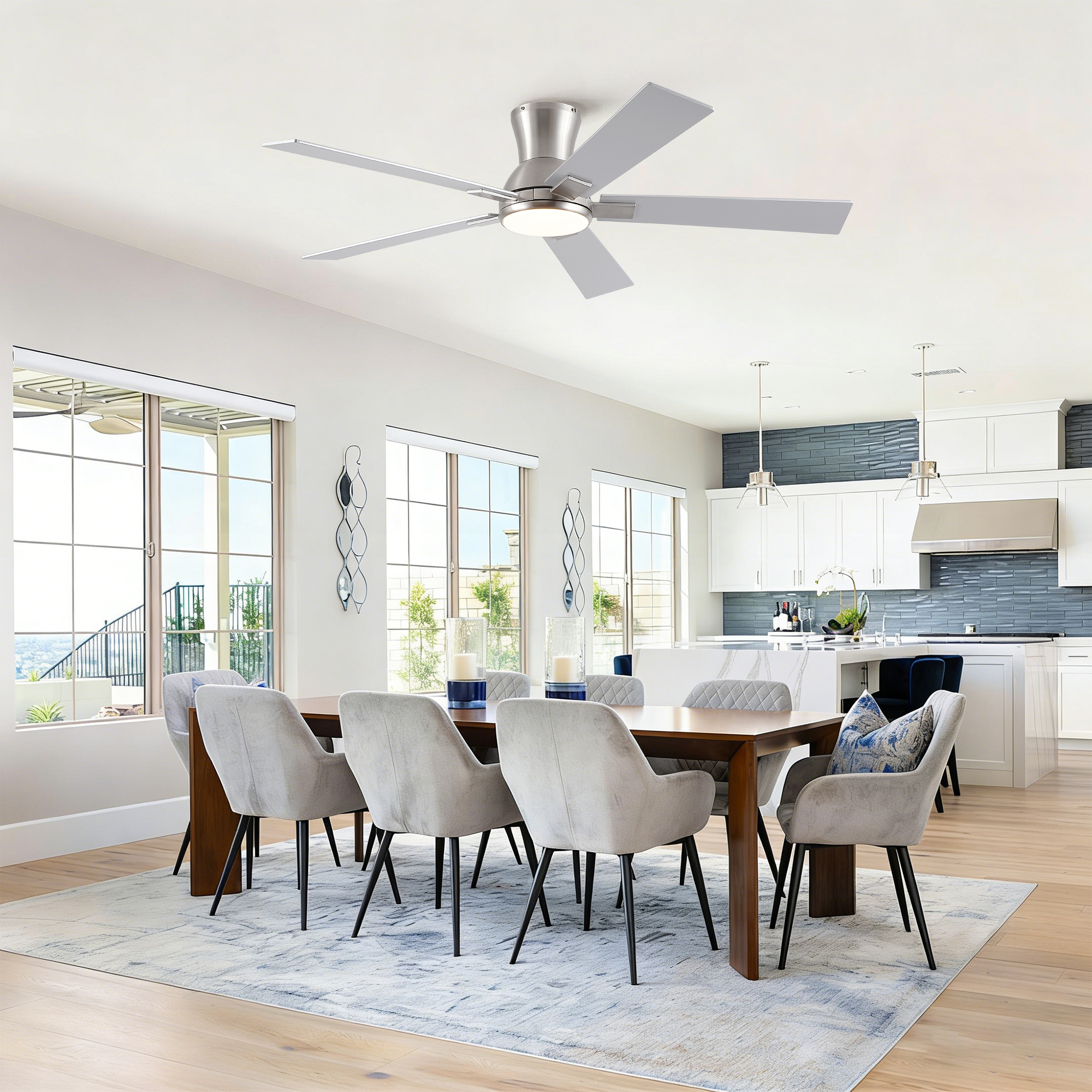 52" Modern Brushed Nickel Finish Reversible Quiet Motor Ceiling Fan with Light and Remote Control - Image 4