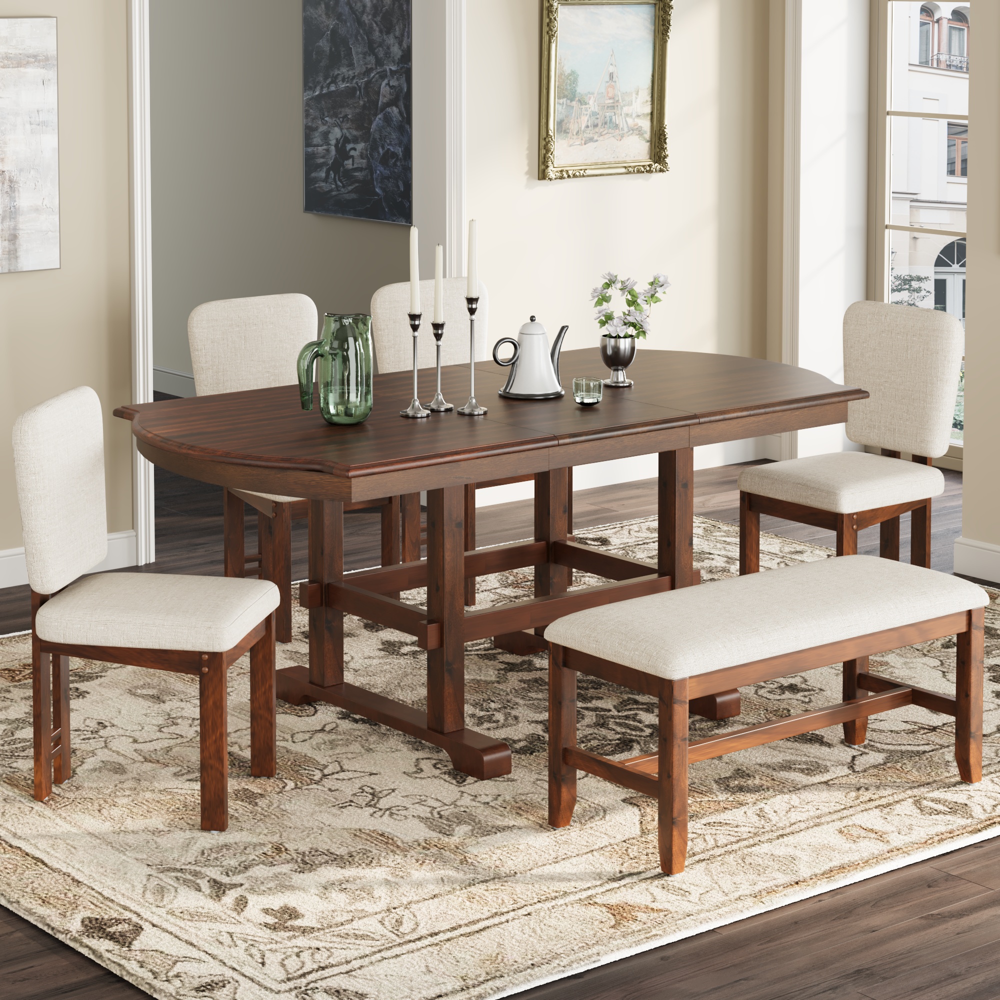 TOPMAX 6 Pieces 78inch Extendable Wood Dining Table Set with Bench, Traditional Kitchen Table Set with 18inch Removable Leaf and 4 Upholstered Dining Chairs, Espresso+Beige