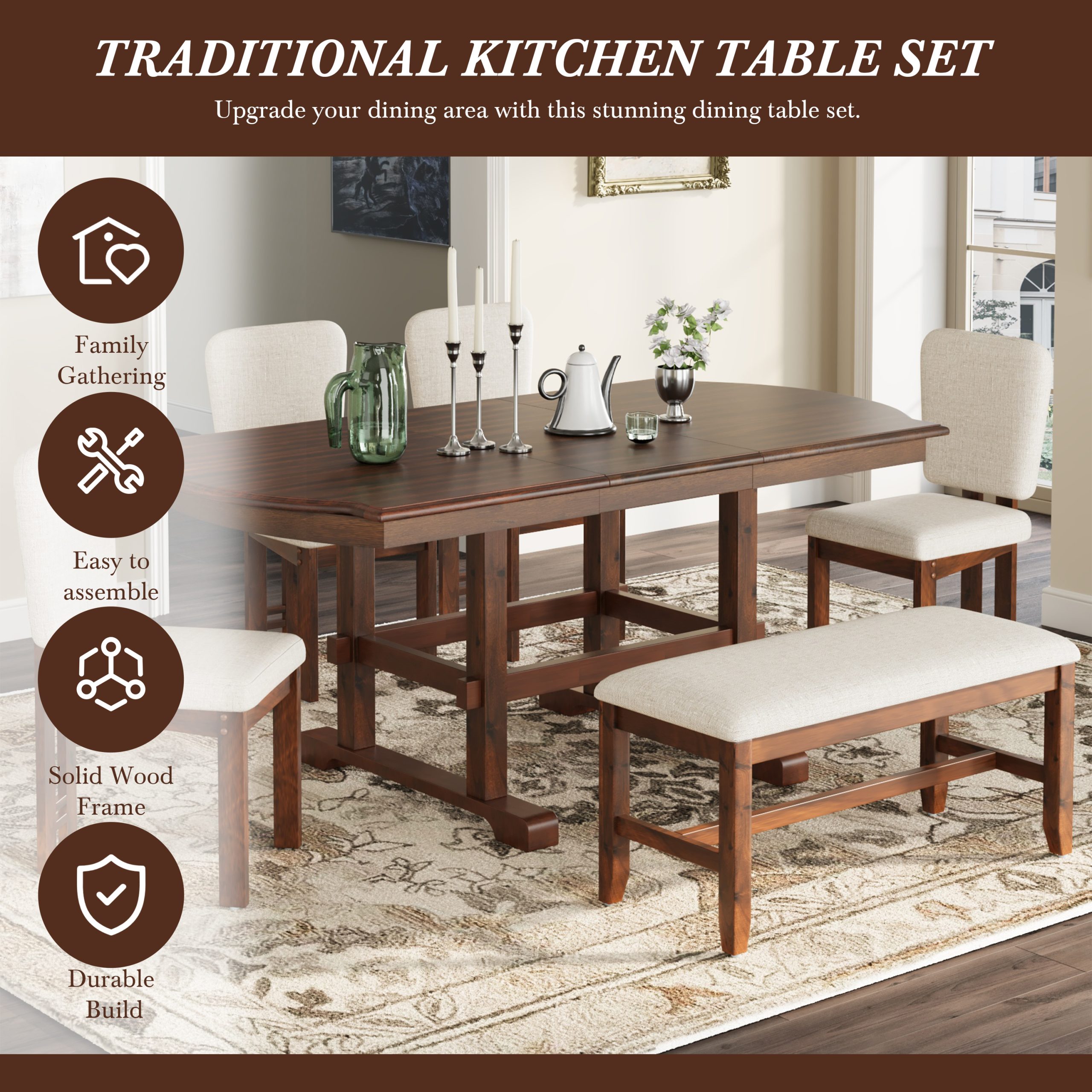 TOPMAX 6 Pieces 78inch Extendable Wood Dining Table Set with Bench, Traditional Kitchen Table Set with 18inch Removable Leaf and 4 Upholstered Dining Chairs, Espresso+Beige - Image 2