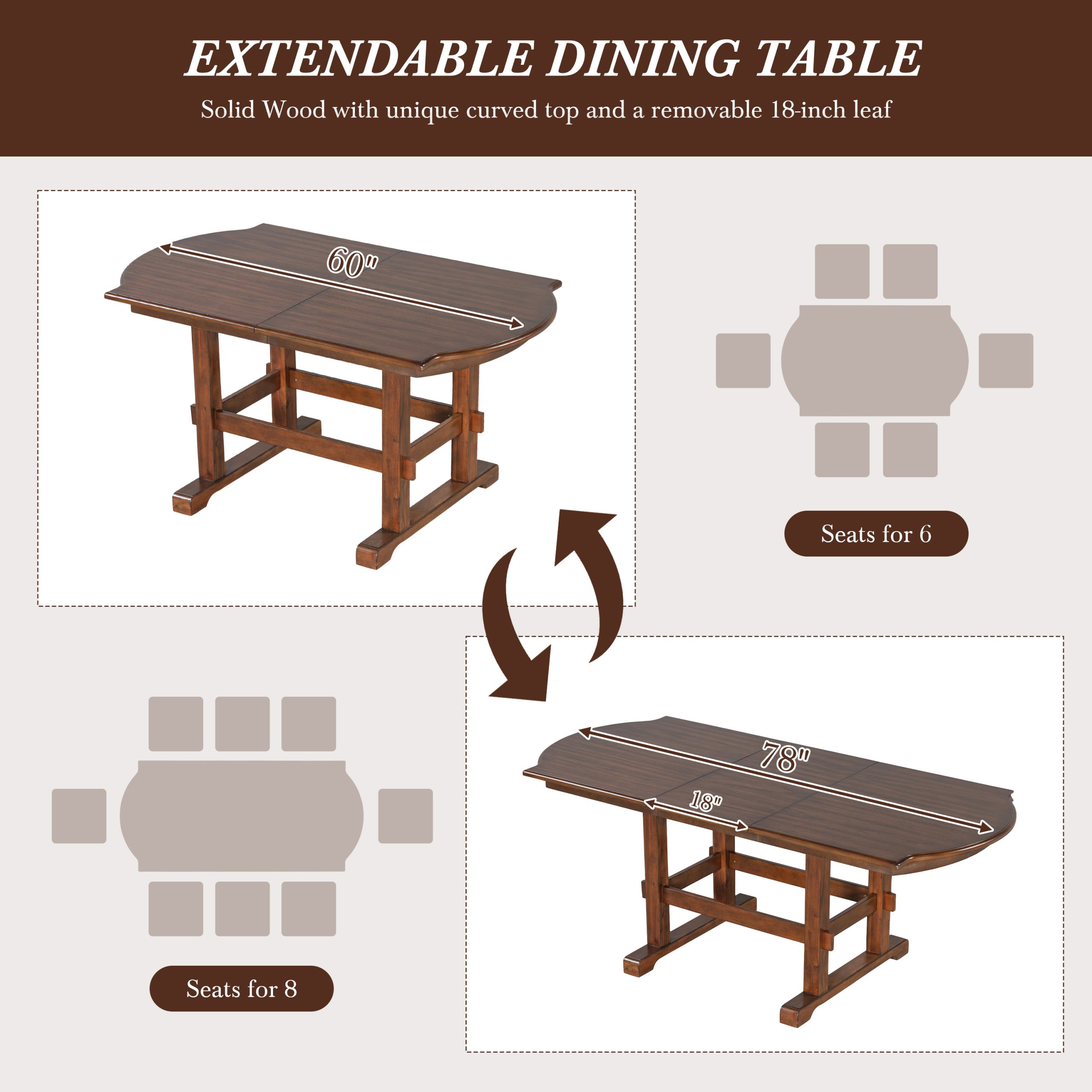 TOPMAX 6 Pieces 78inch Extendable Wood Dining Table Set with Bench, Traditional Kitchen Table Set with 18inch Removable Leaf and 4 Upholstered Dining Chairs, Espresso+Beige - Image 3