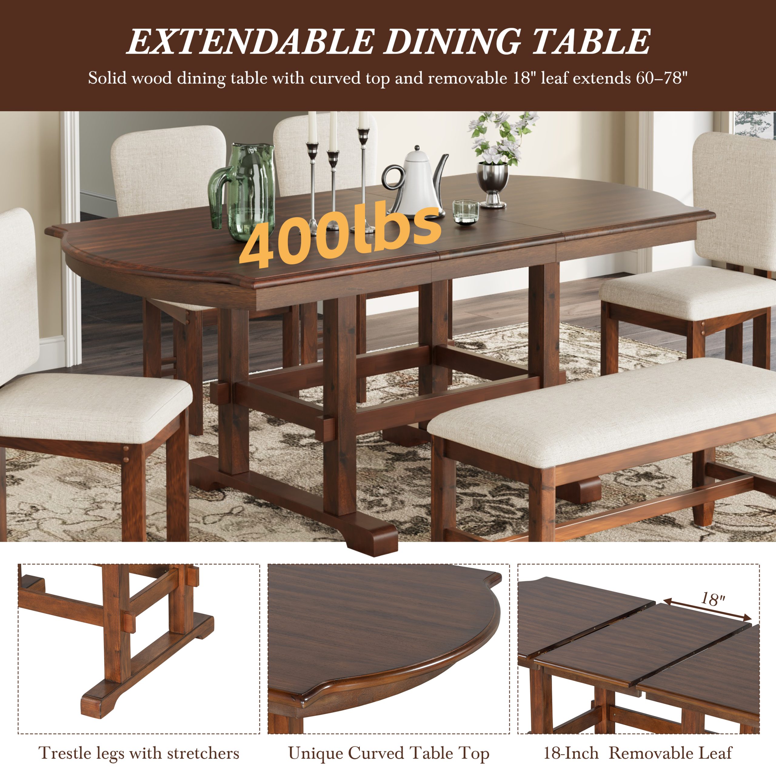 TOPMAX 6 Pieces 78inch Extendable Wood Dining Table Set with Bench, Traditional Kitchen Table Set with 18inch Removable Leaf and 4 Upholstered Dining Chairs, Espresso+Beige - Image 4
