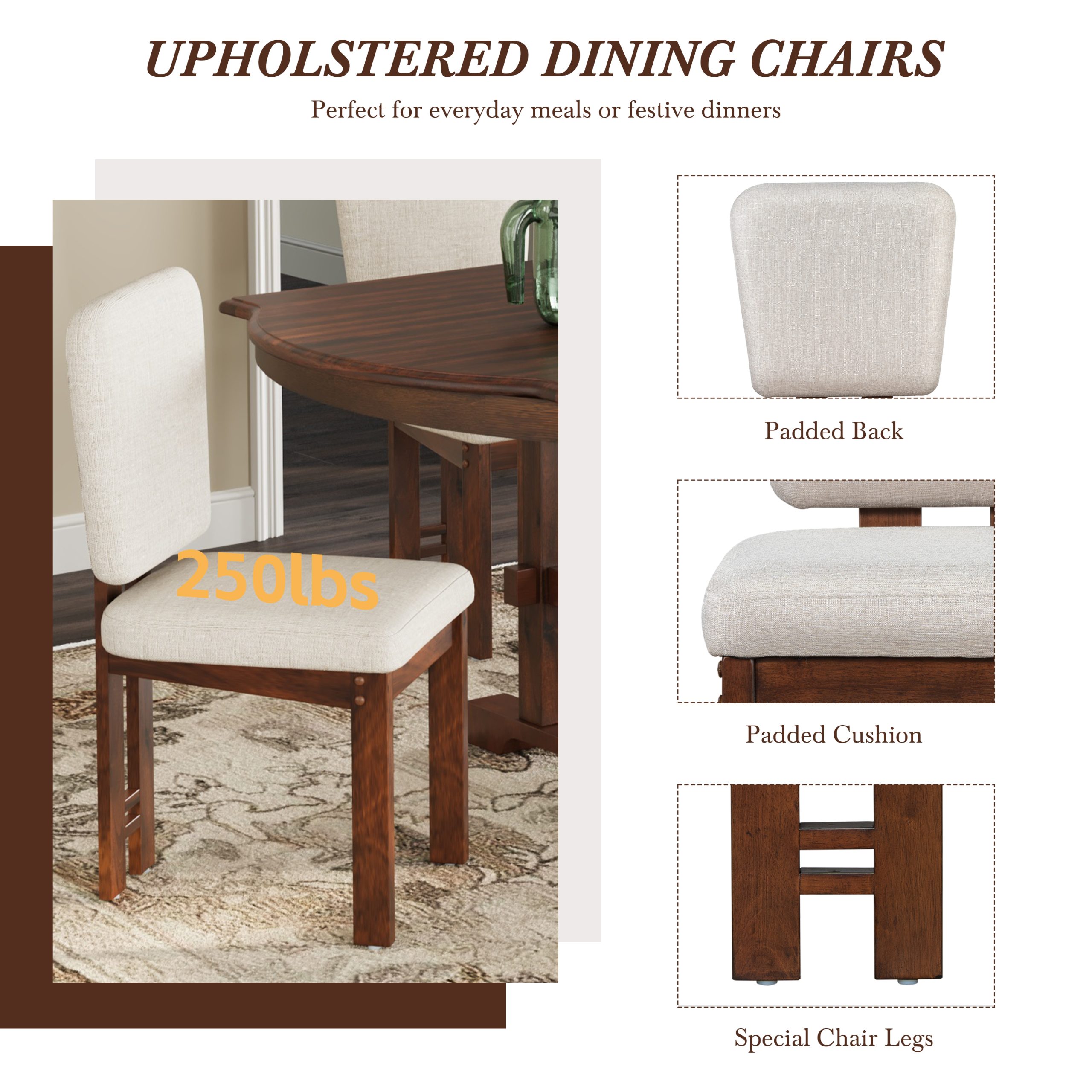 TOPMAX 6 Pieces 78inch Extendable Wood Dining Table Set with Bench, Traditional Kitchen Table Set with 18inch Removable Leaf and 4 Upholstered Dining Chairs, Espresso+Beige - Image 5