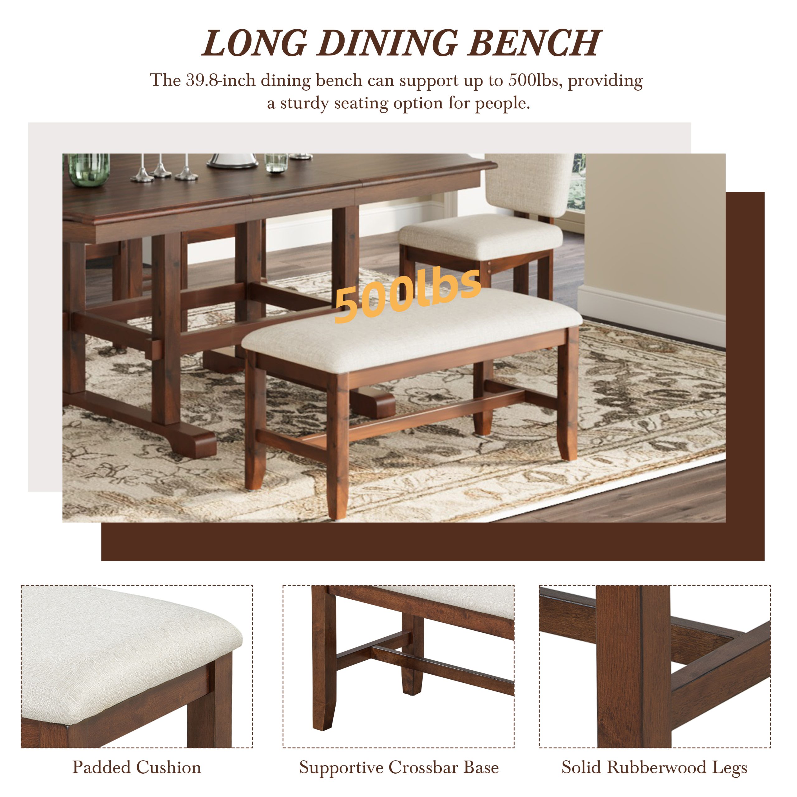 TOPMAX 6 Pieces 78inch Extendable Wood Dining Table Set with Bench, Traditional Kitchen Table Set with 18inch Removable Leaf and 4 Upholstered Dining Chairs, Espresso+Beige - Image 6