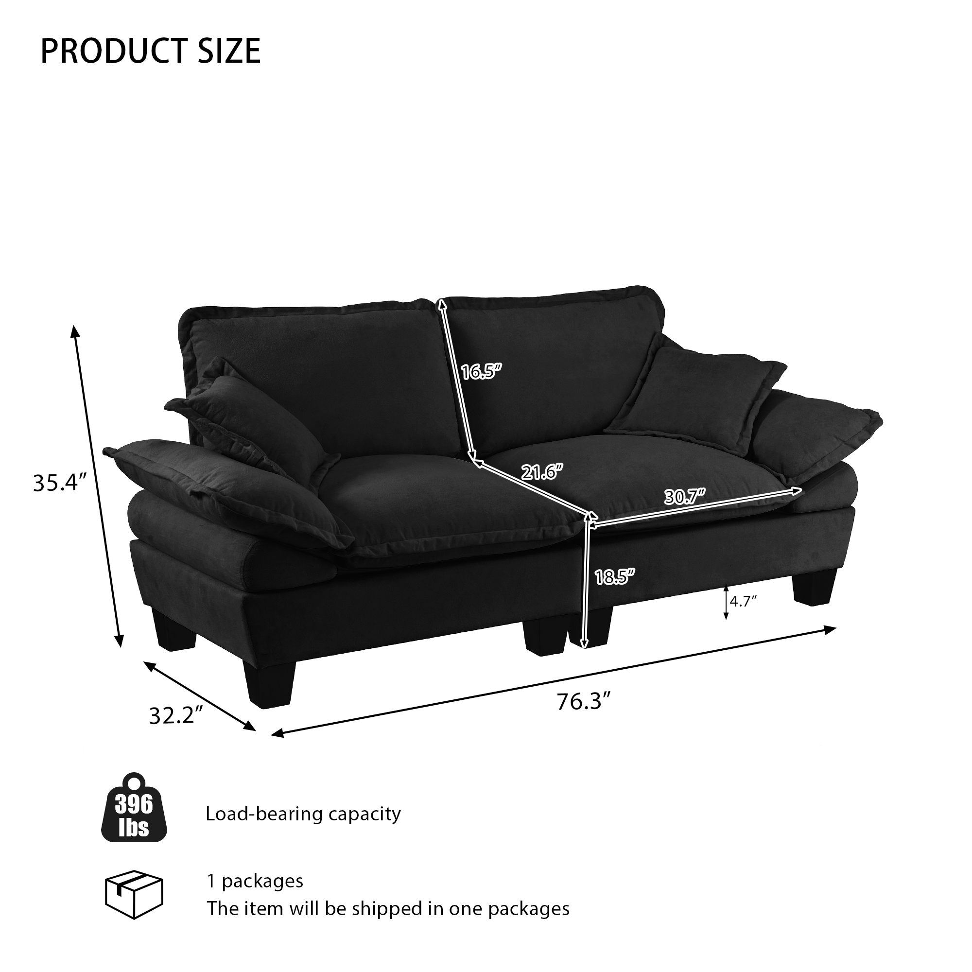 Chenille Sailboat Sofa, 2-Seater Modular Loveseat with Curved Armrests, Comfort-First Couch for Small Spaces & Apartments, Black - Image 2
