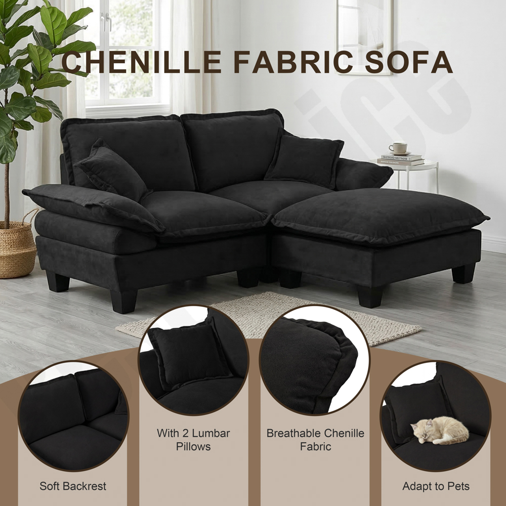 Modular Sectional Sofa, L-Shape Cloud Couch with Sailboat Design, 1 Movable Ottomans & 2 Soft Pillows Included, Comfy Chenille for Apartment Living Room, Black - Image 6