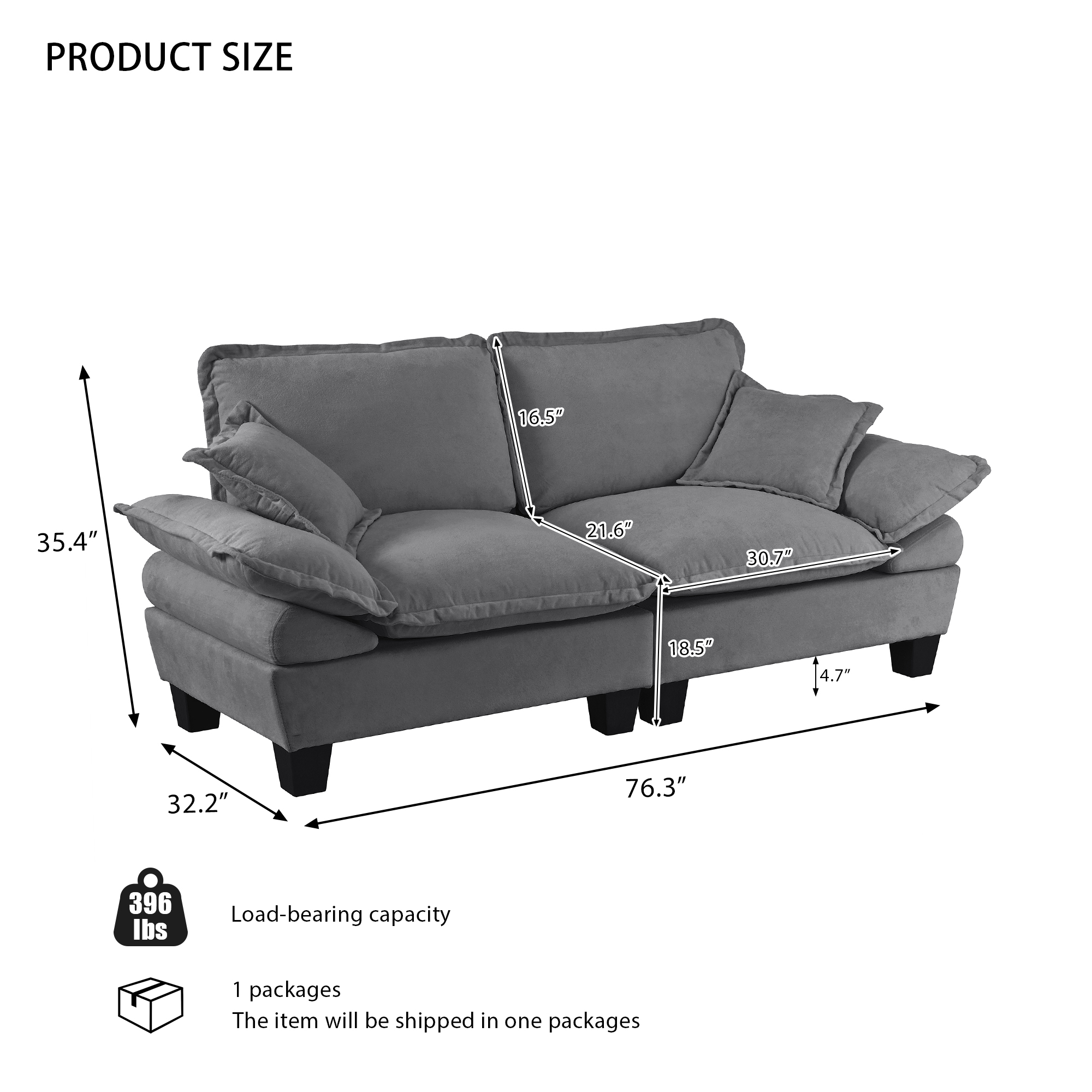 Chenille Sailboat Sofa, 2-Seater Modular Loveseat with Curved Armrests, Comfort-First Couch for Small Spaces & Apartments, Grey - Image 2