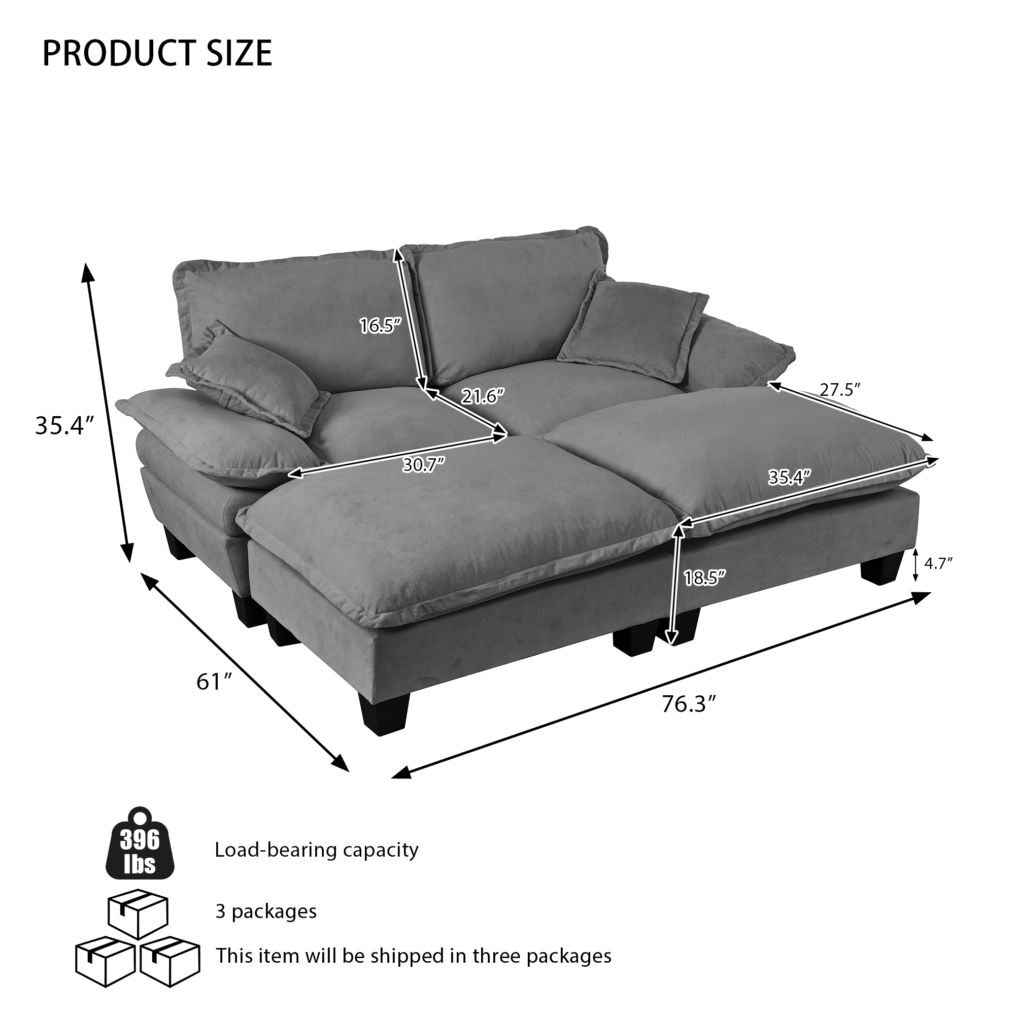 Modular Sectional Sofa, Cloud Couch with Sailboat Design, 2 Movable Ottomans & 2 Soft Pillows Included, Comfy Chenille for Apartment Living Room, Grey - Image 2
