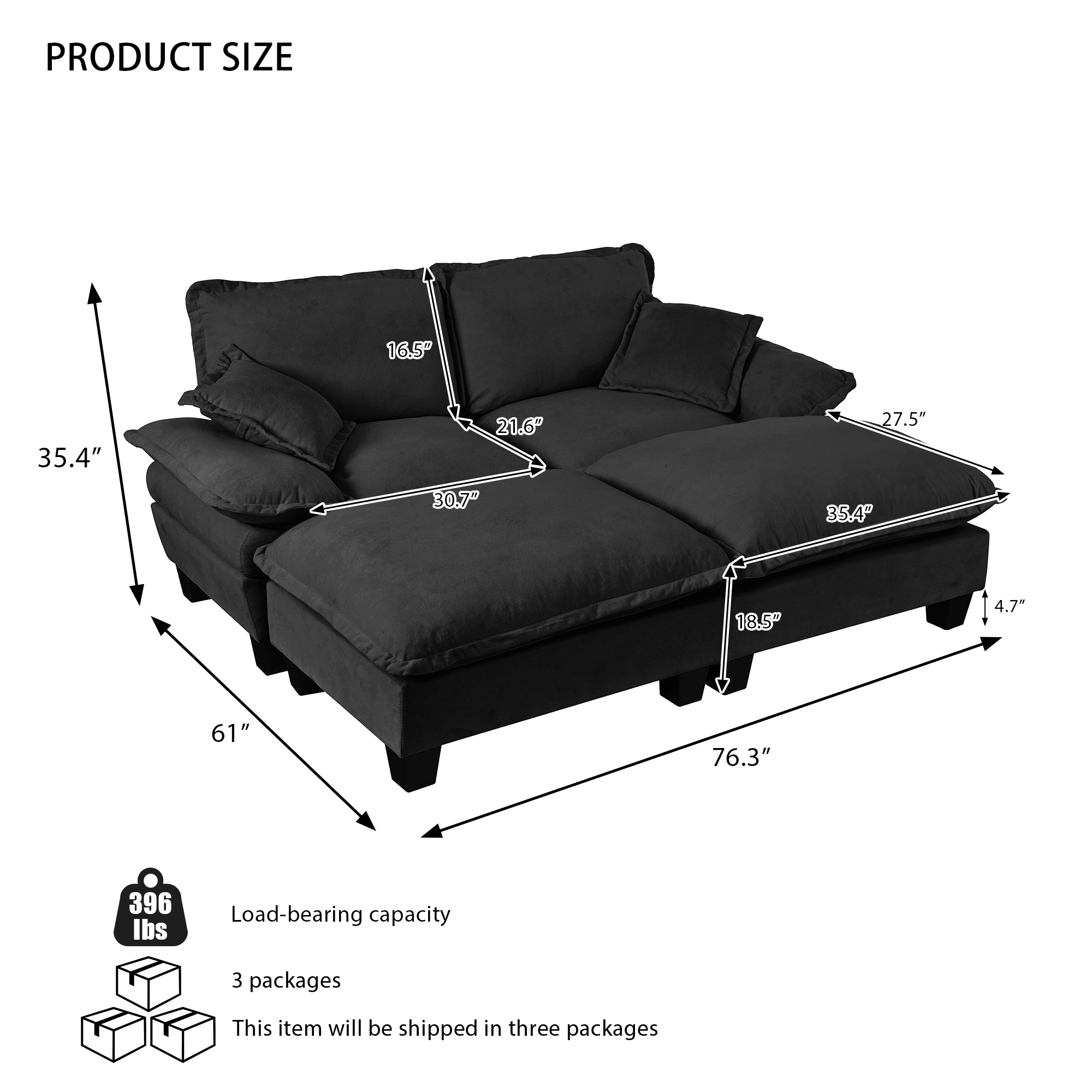 Modular Sectional Sofa, Cloud Couch with Sailboat Design, 2 Movable Ottomans & 2 Soft Pillows Included, Comfy Chenille for Apartment Living Room, Black - Image 2
