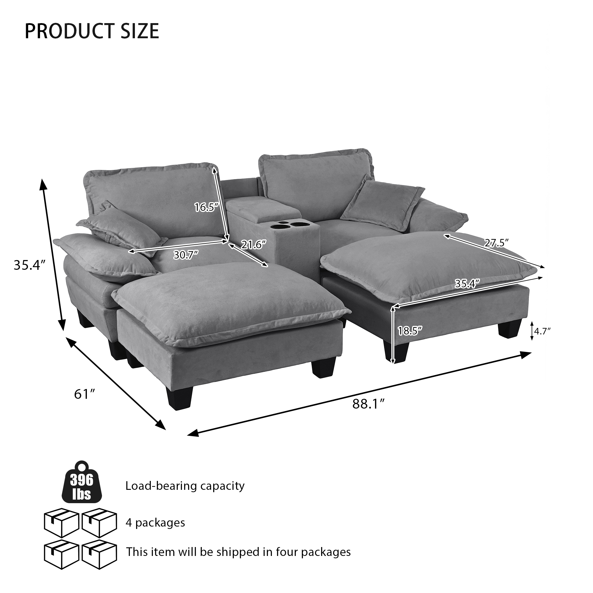 Modular Cloud Couch, Sailboat Sofa with Cup Holders & Storage, USB Port, 2 Ottomans & 2 Pillows, Chenille for Apartment & Living Room,Grey - Image 2