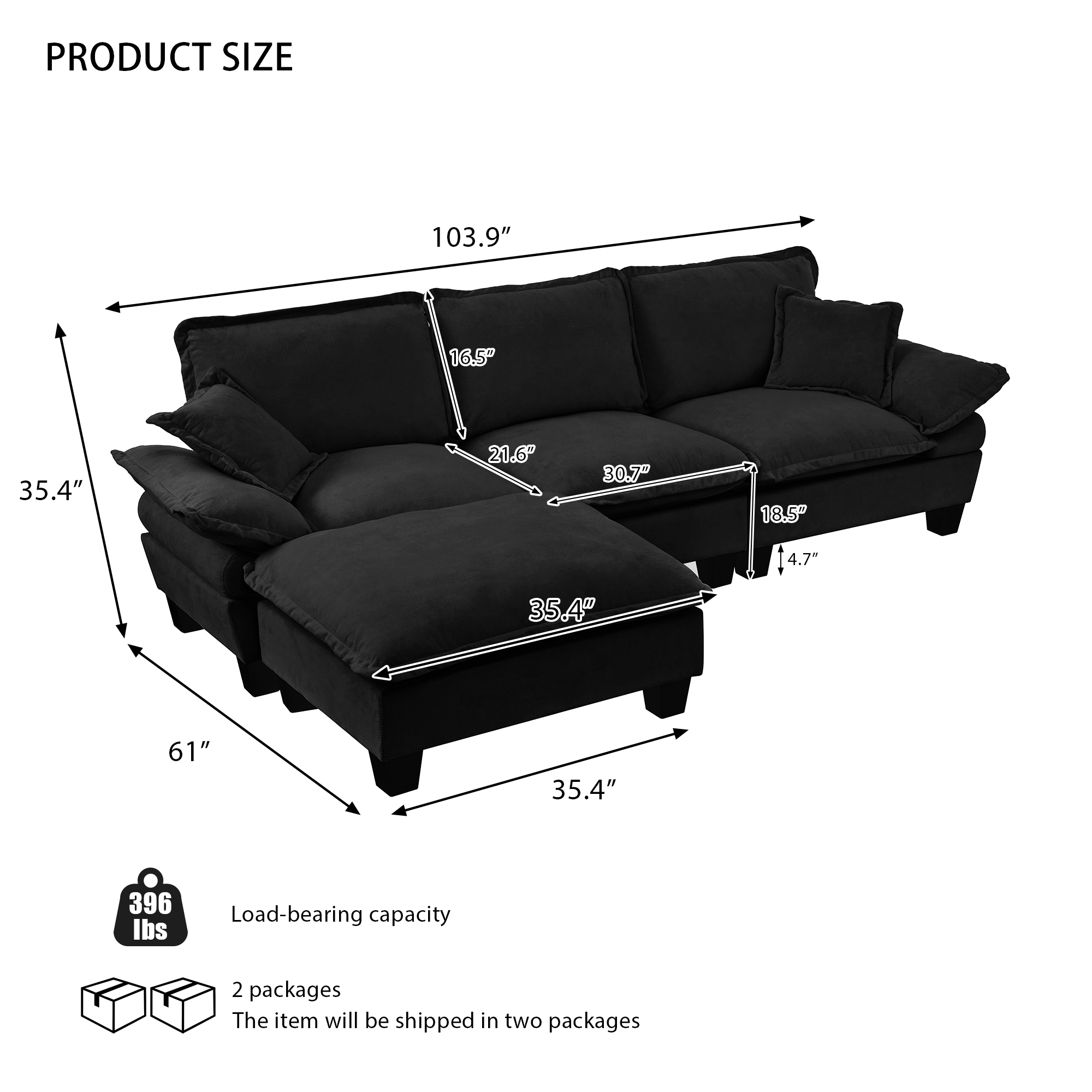 Modular Sectional Sofa, L-Shape Cloud Couch with Sailboat Design, 1 Movable Ottomans & 2 Soft Pillows Included, Comfy Chenille for Apartment Living Room, Black - Image 2