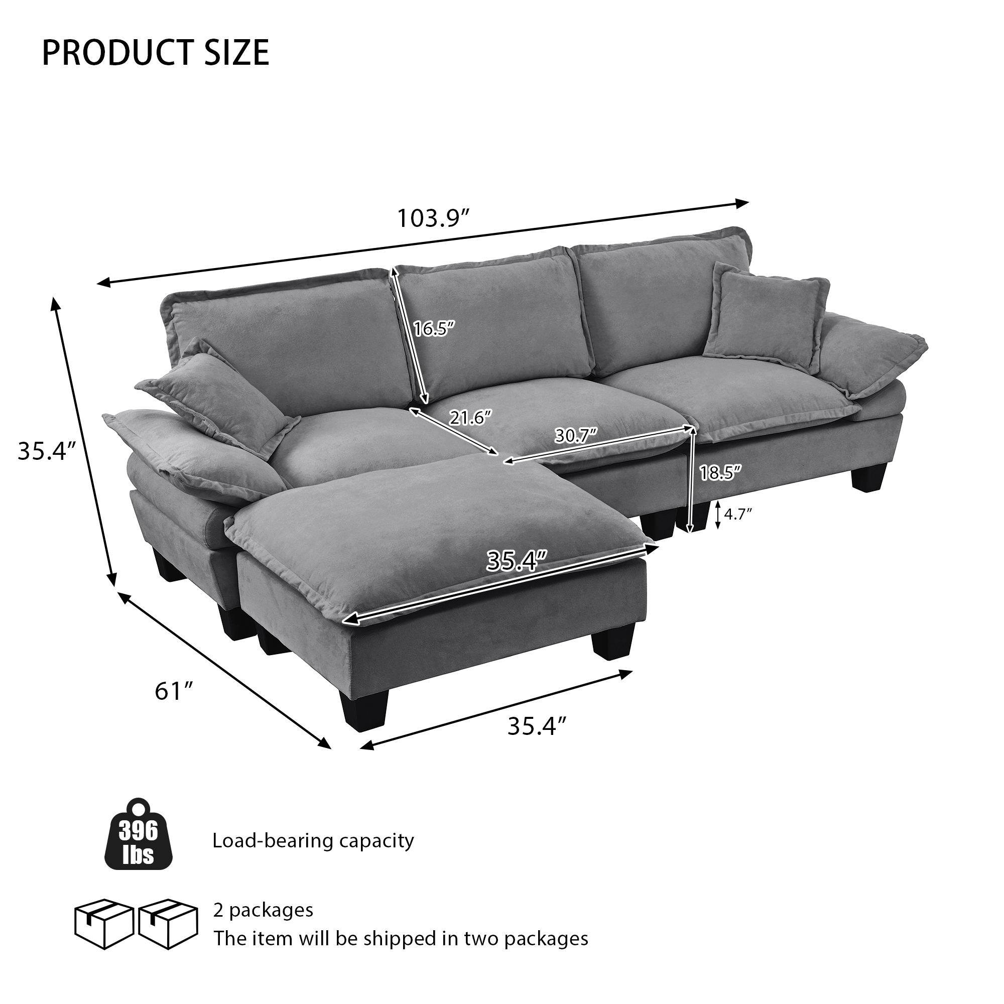 Modular Sectional Sofa, L-Shape Cloud Couch with Sailboat Design, 1 Movable Ottomans & 2 Soft Pillows Included, Comfy Chenille for Apartment Living Room,Grey - Image 2