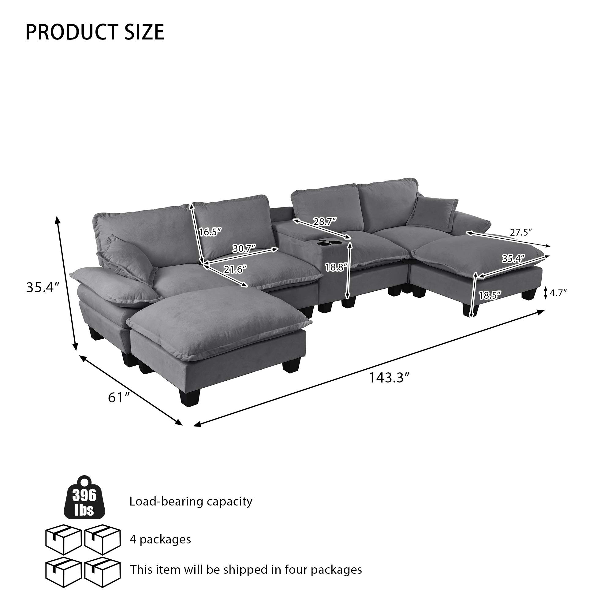 Modular Cloud Couch, U-Shape Sailboat Sofa with Cup Holders & Storage, USB Port, 2 Ottomans & 2 Pillows, Chenille for Apartment & Living Room, Grey - Image 2