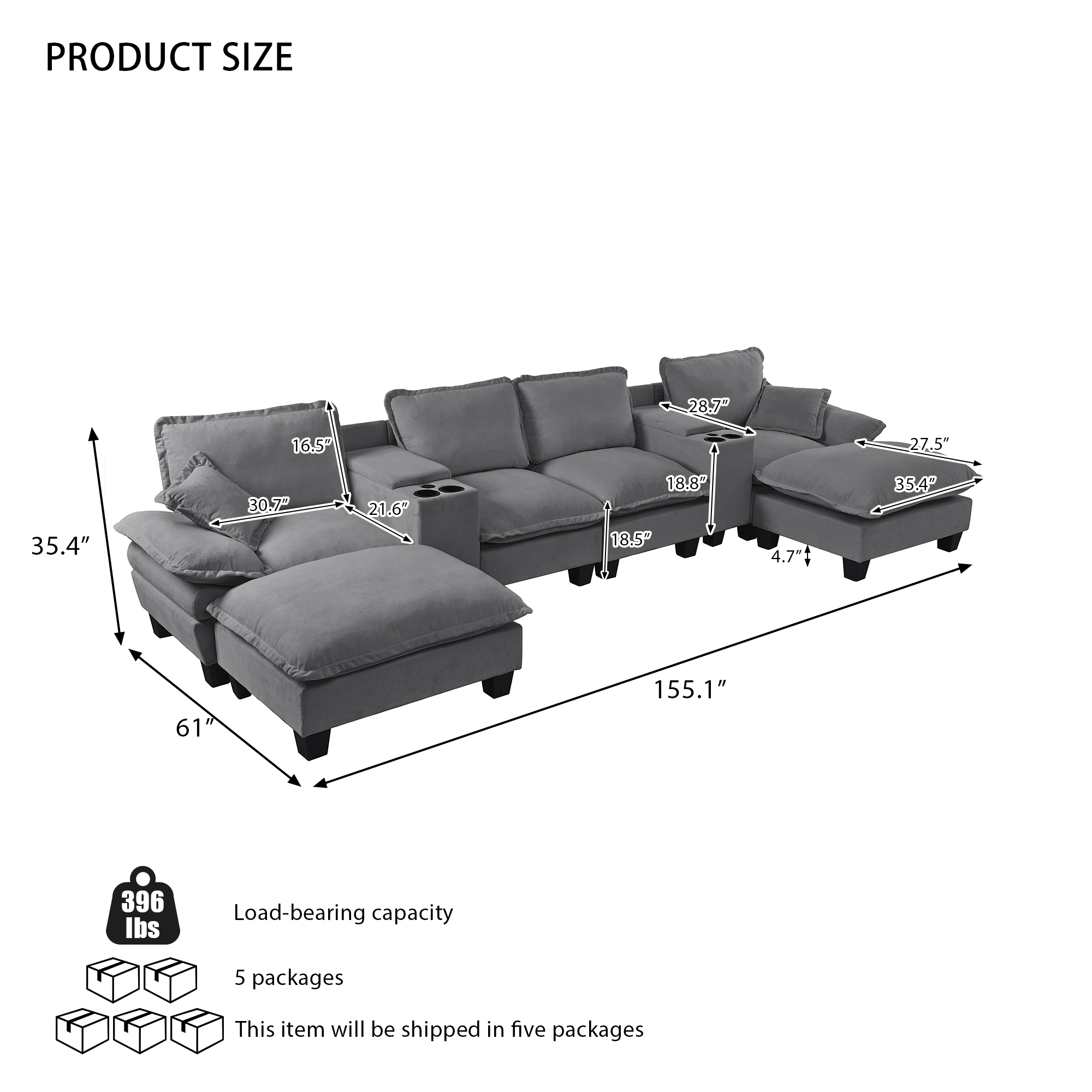 Modular Cloud Couch, U-Shape Sailboat Sofa with 2 Storage Central Consoles & Cup Holders, USB Port, 2 Ottomans & 2 Pillows, Chenille for Apartment & Living Room, Grey - Image 2