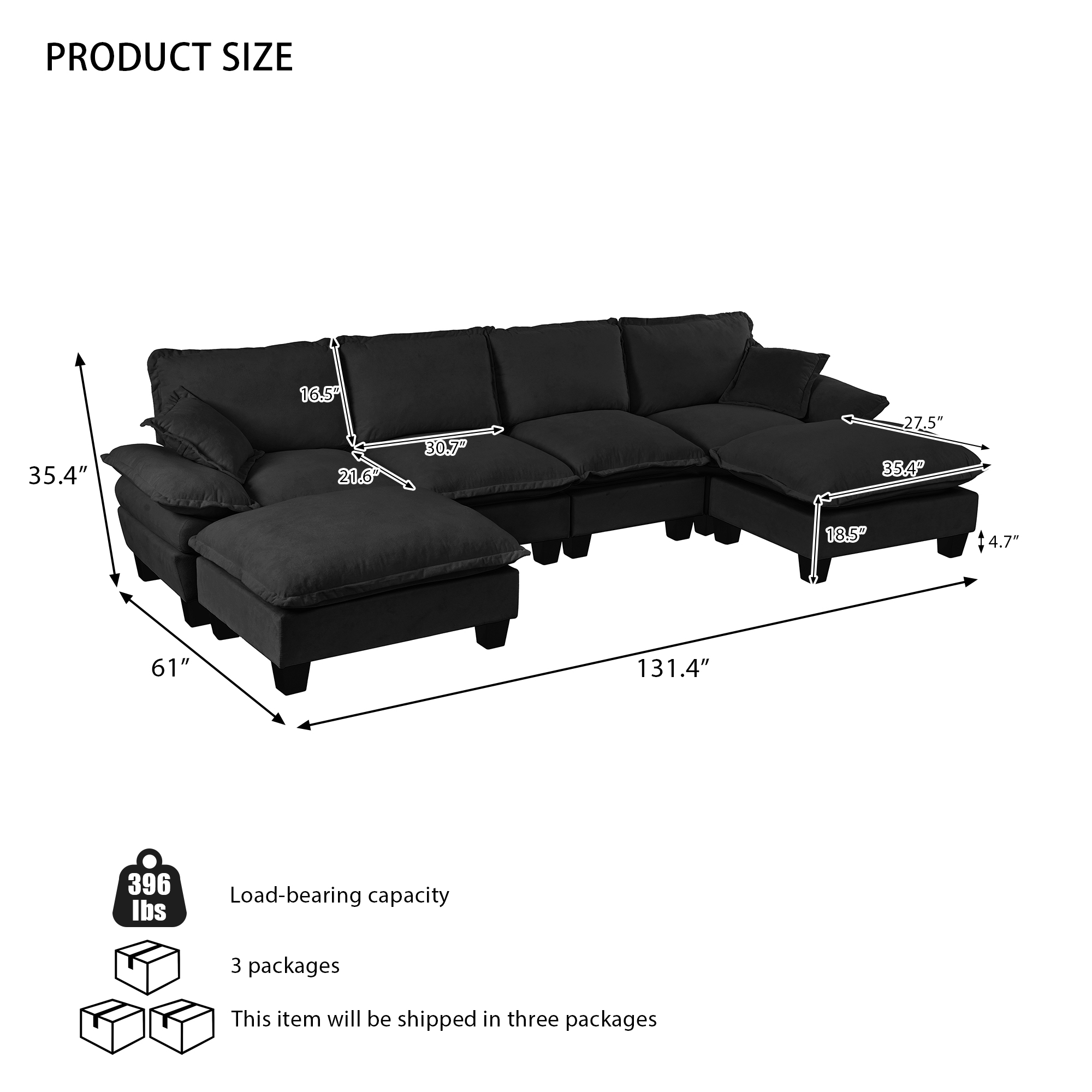 Modular Sectional Sofa, U-Shape Cloud Couch with Sailboat Design, 6-Seater Comfy Chenille Fabric Sofa with Movable Ottomans for Living Room Apartment, Black - Image 2