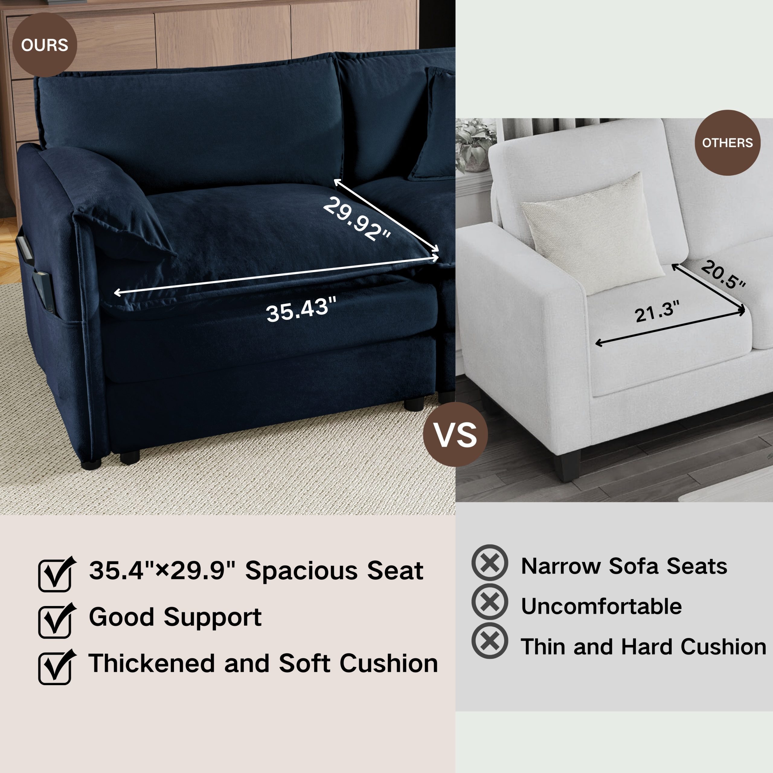 Oversized Deep Seat Sectional Sofa, Modern Chenille Cloud Couch, Large 3 Seater Modular Sofa with 3 Pillows for Living Room Bedroom Apartment Office,DIY Combination,Blue - Image 6