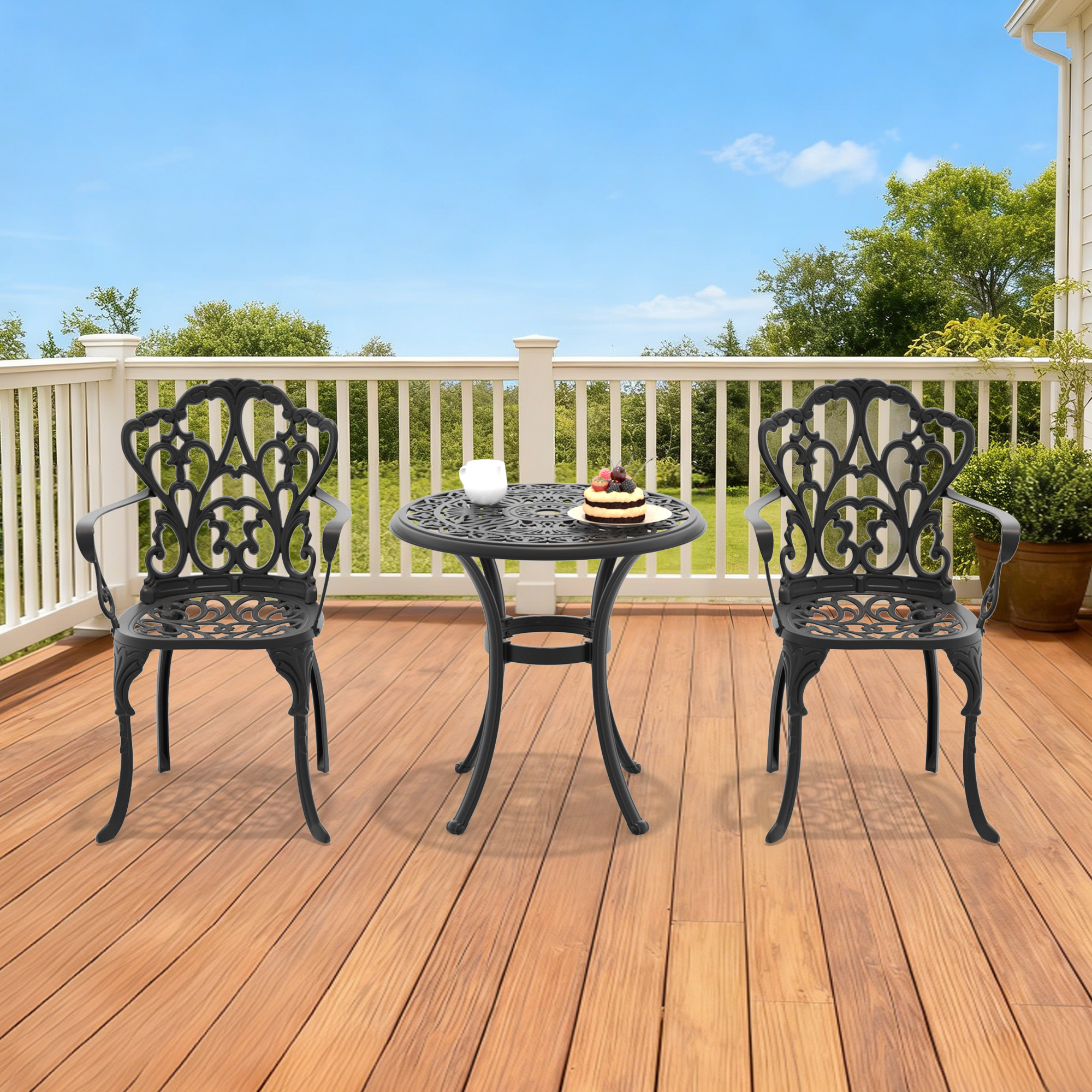 3-Piece Set Of Cast Aluminum Patio Furniture With Black Frame and Off-white Seat Cushions - Image 2