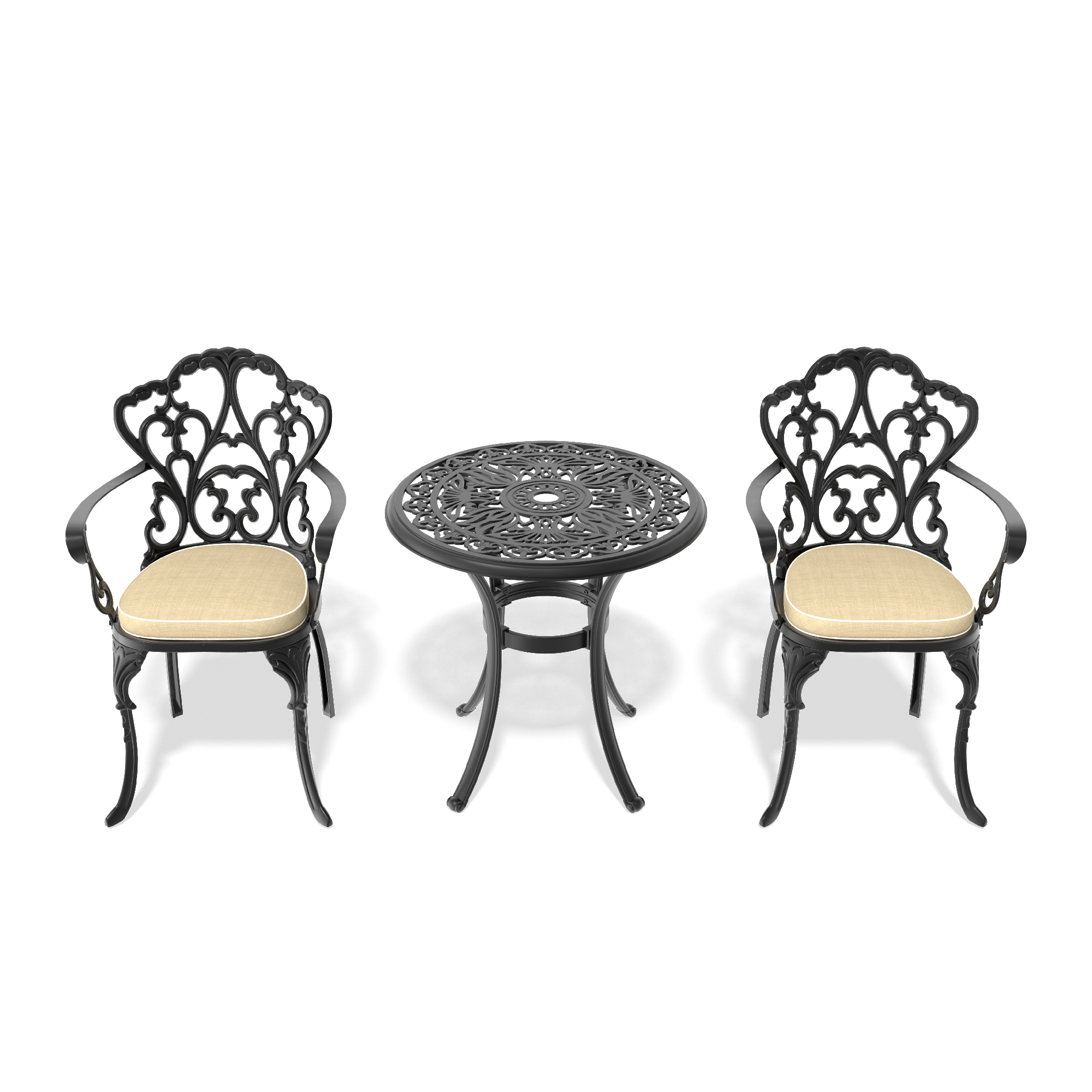 3-Piece Set Of Cast Aluminum Patio Furniture With Black Frame and Off-white Seat Cushions - Image 3