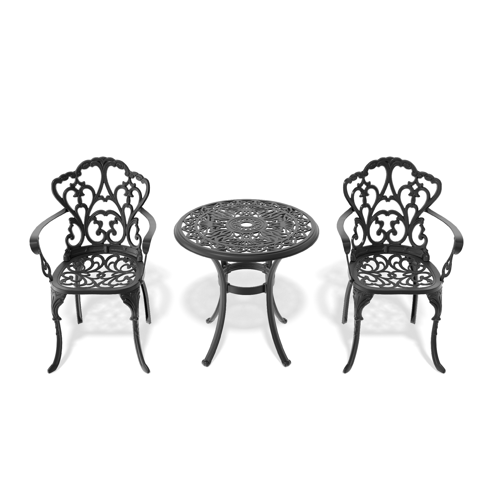 3-Piece Set Of Cast Aluminum Patio Furniture With Black Frame and Off-white Seat Cushions - Image 4