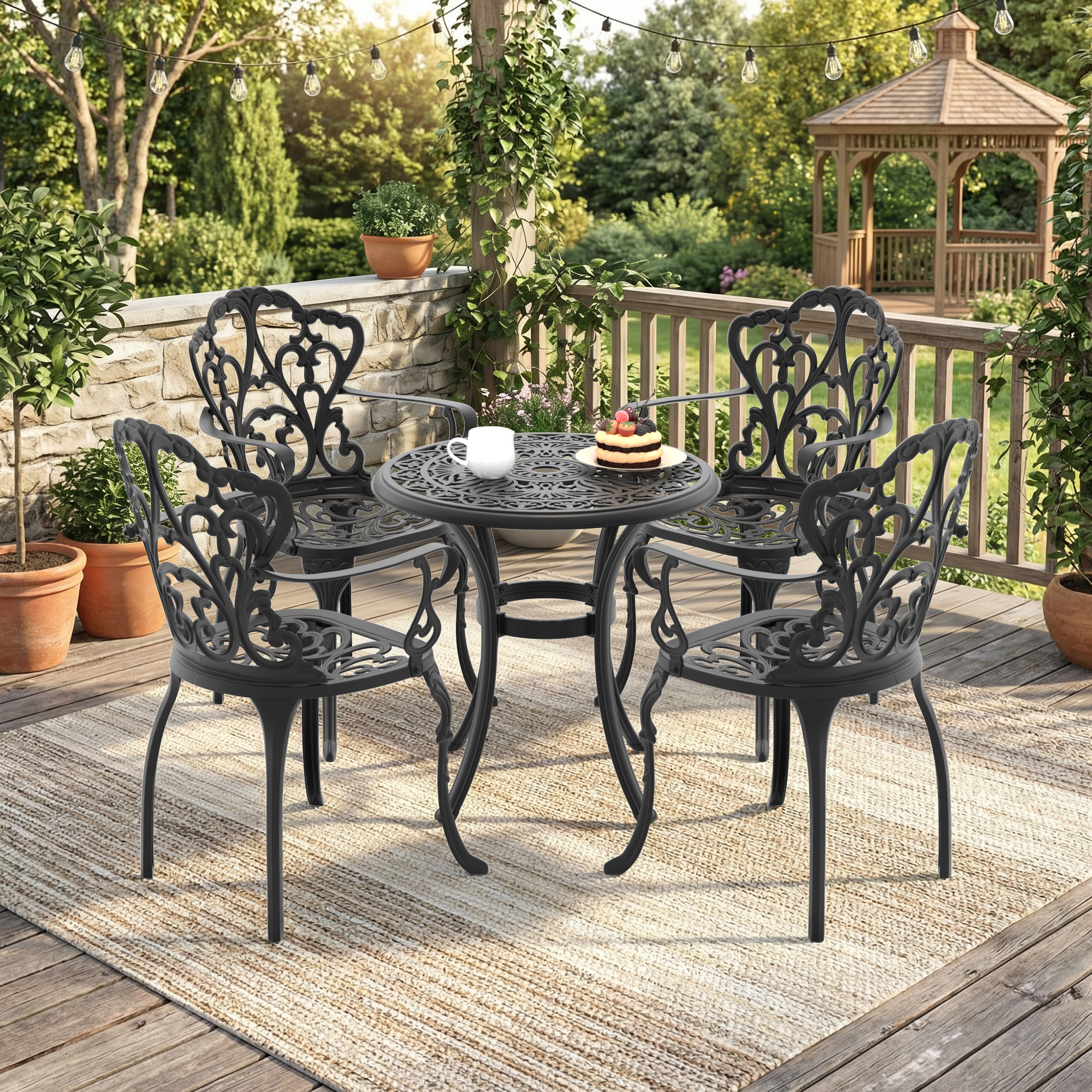 5-Piece Set Of Cast Aluminum Patio Furniture With Black Frame and Off-white Seat Cushions(same as W1710S00538) - Image 2