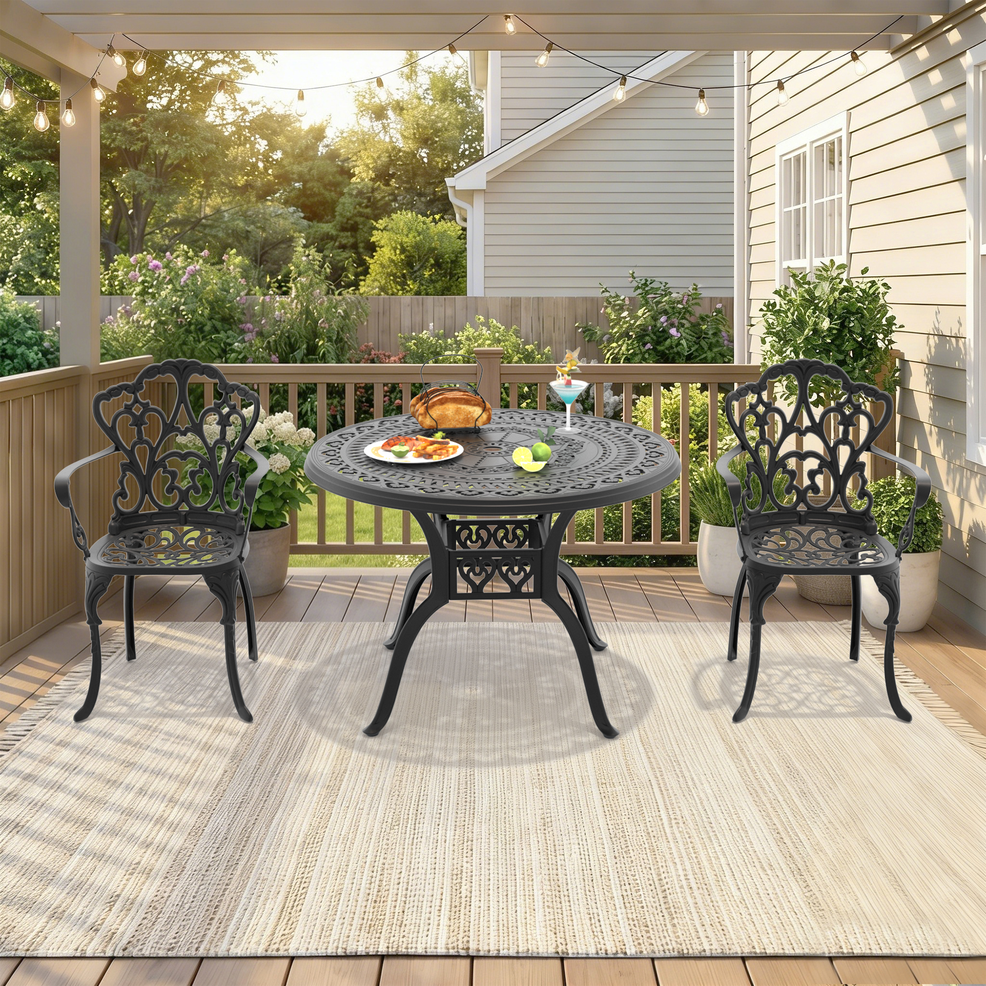 3-Piece Set Of Cast Aluminum Patio Furniture With Beige Cushions - Image 2