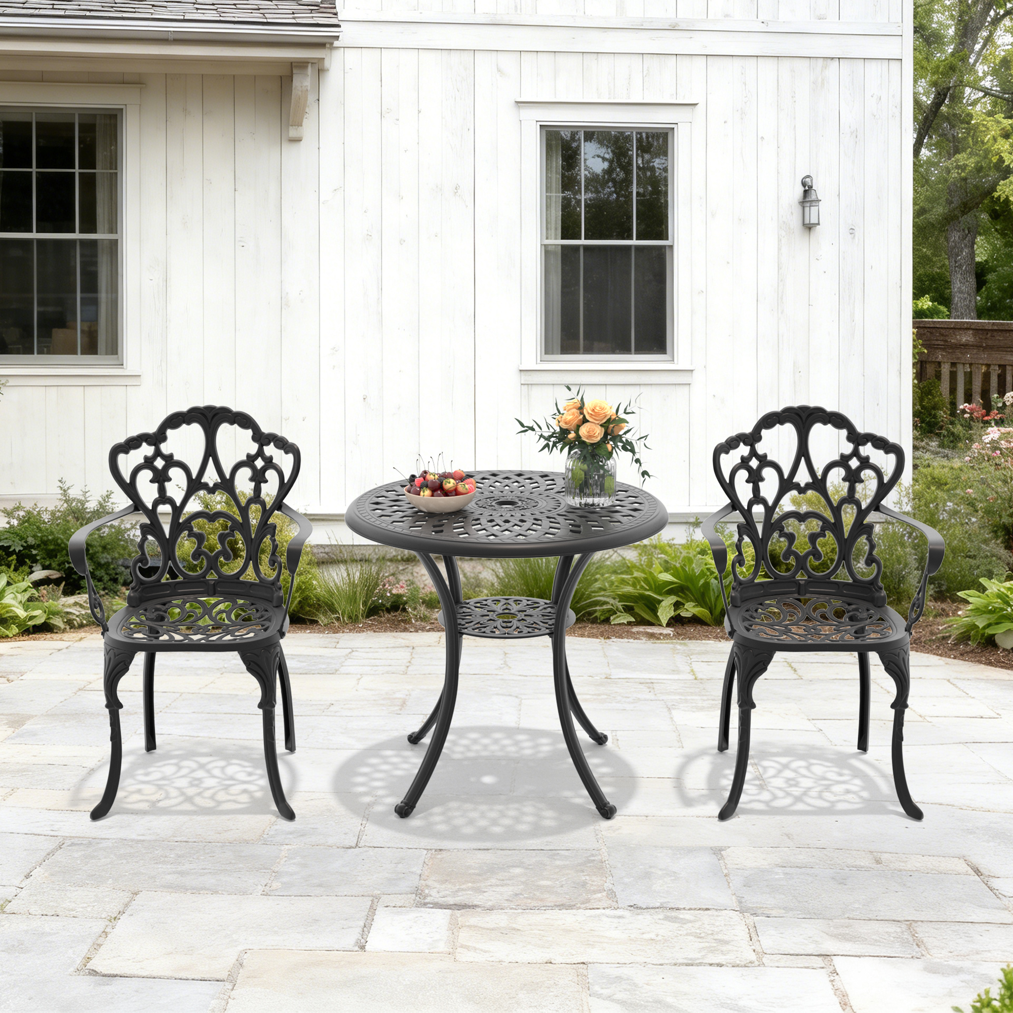 3-Piece Set Of Cast Aluminum Patio Furniture With Beige Cushions - Image 2