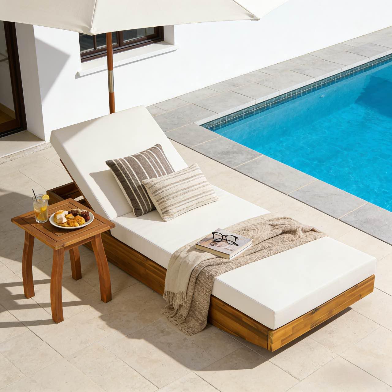 Acacia Wood Chaise Lounge with Cushion - Teak Finish Outdoor Recliner with Cream Water-Repellent Cushion, 79.6" L x 29" W, 300 lbs - Image 5