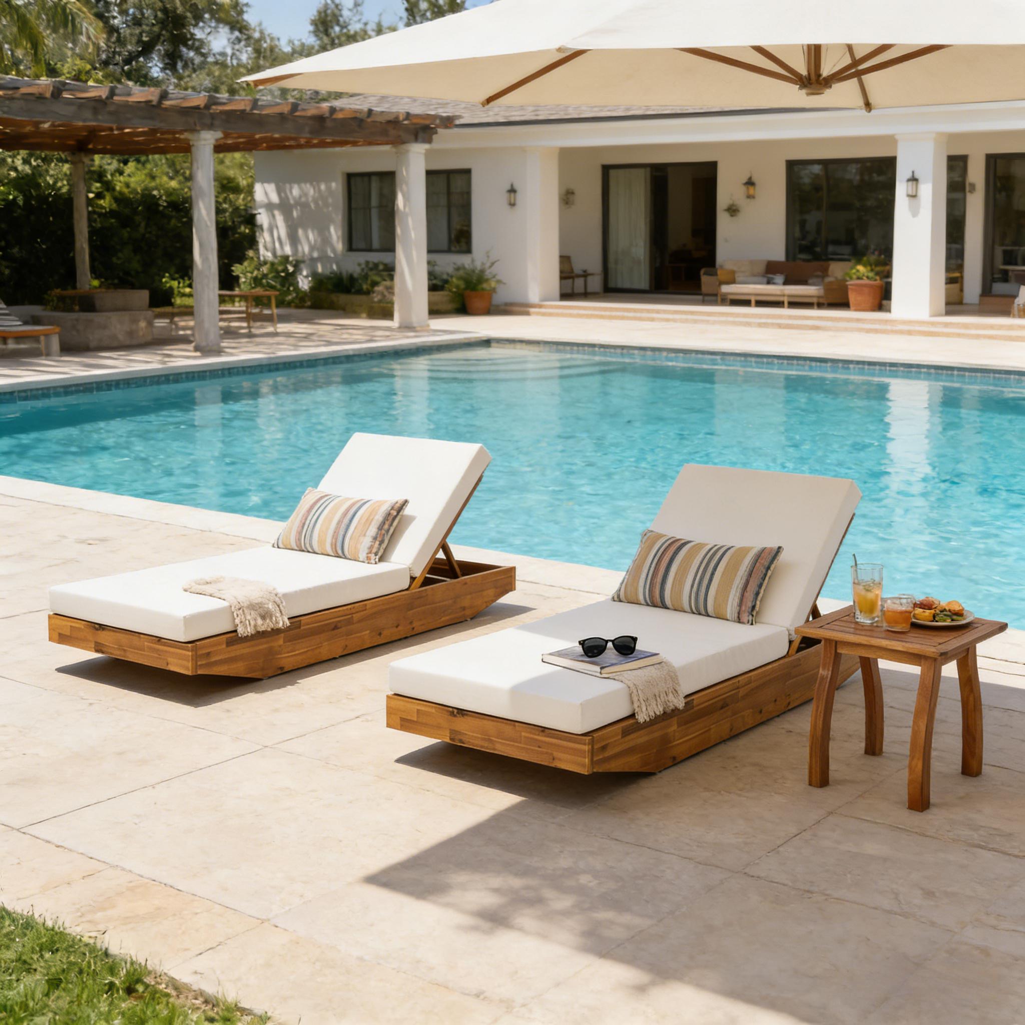 Acacia Wood Chaise Lounge with Cushion - Teak Finish Outdoor Recliner with Cream Water-Repellent Cushion, 79.6" L x 29" W, 300 lbs - Image 6
