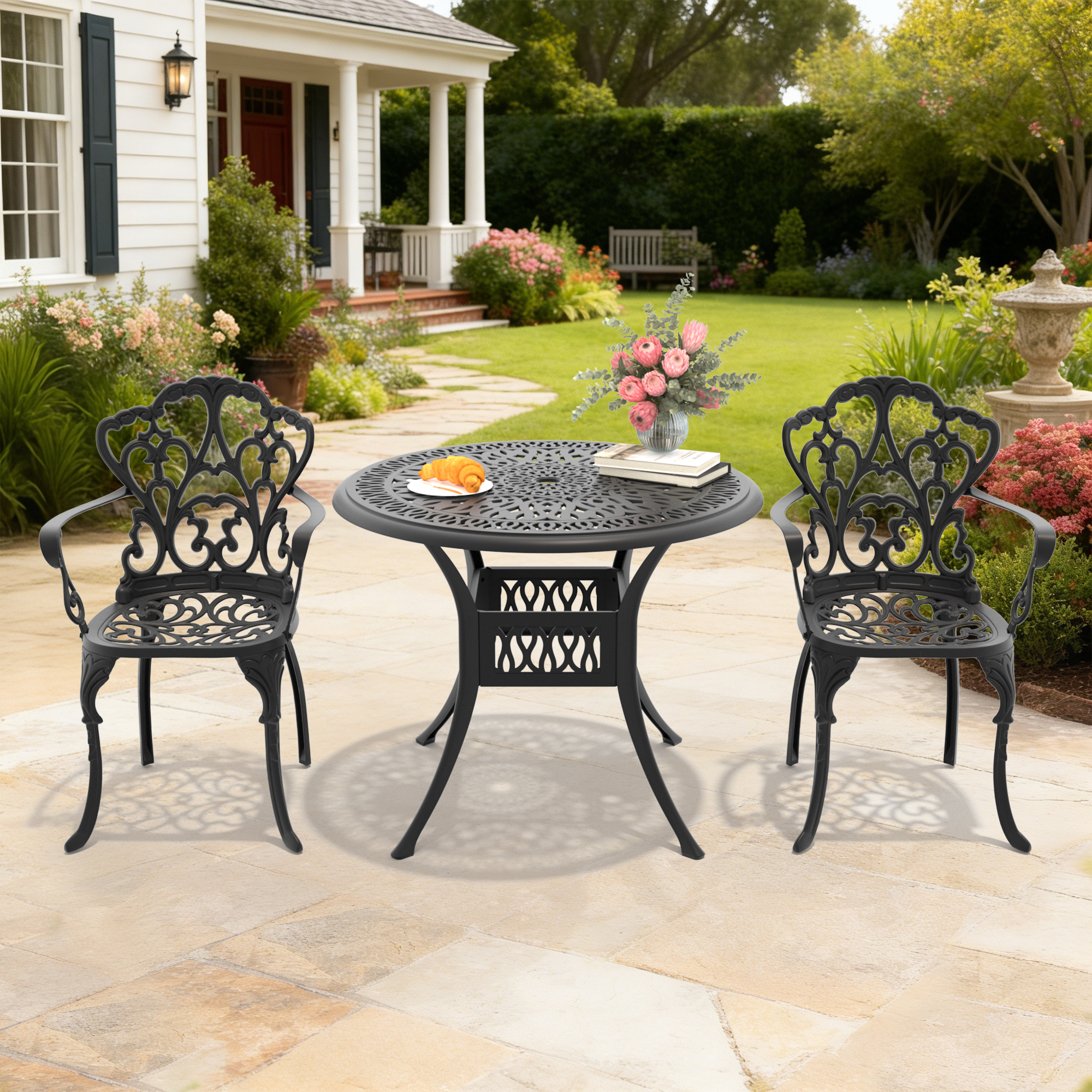 3-Piece Set Of Cast Aluminum Patio Furniture With Beige Cushions - Image 2