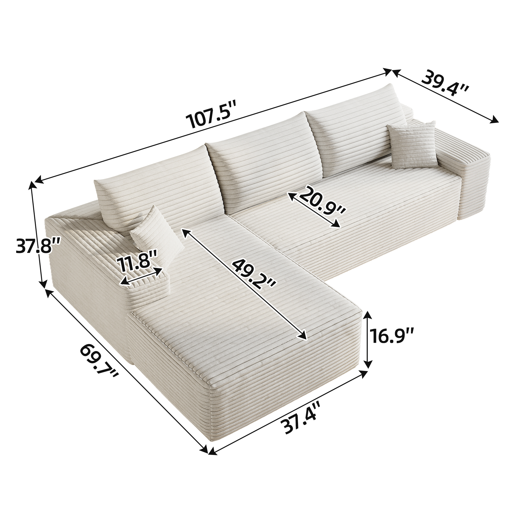 107" Cloud Sectional Couch with L-Shape Chaise,Modern Modular Sofa with Deep Seat, Upholstered Couches for Living Room Bedroom,No Assembly Required, (Plush Corduroy Fabric),White - Image 5