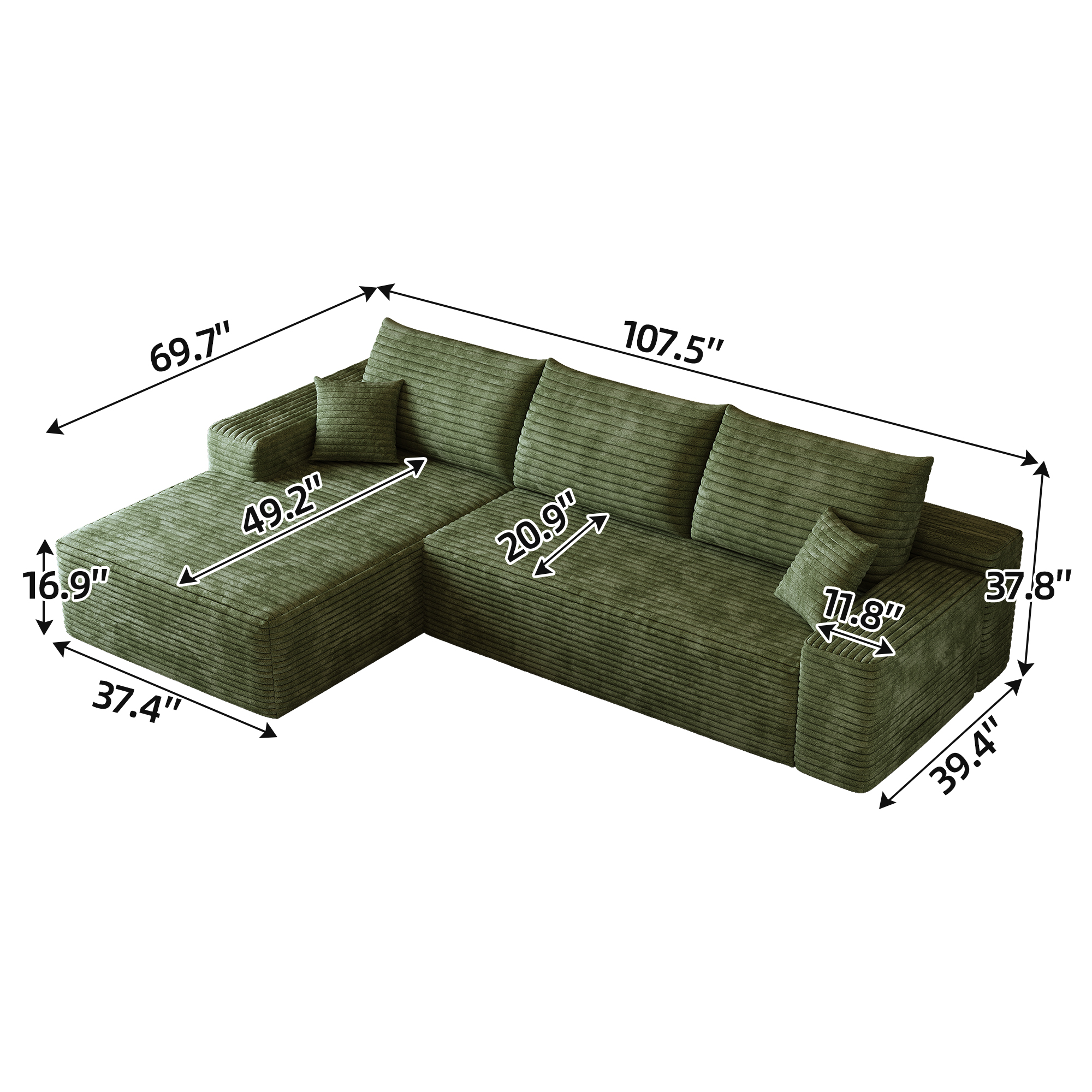 107" Cloud Sectional Couch with L-Shape Chaise,Modern Modular Sofa with Deep Seat, Upholstered Couches for Living Room Bedroom,No Assembly Required, (Plush Corduroy Fabric),Green - Image 4