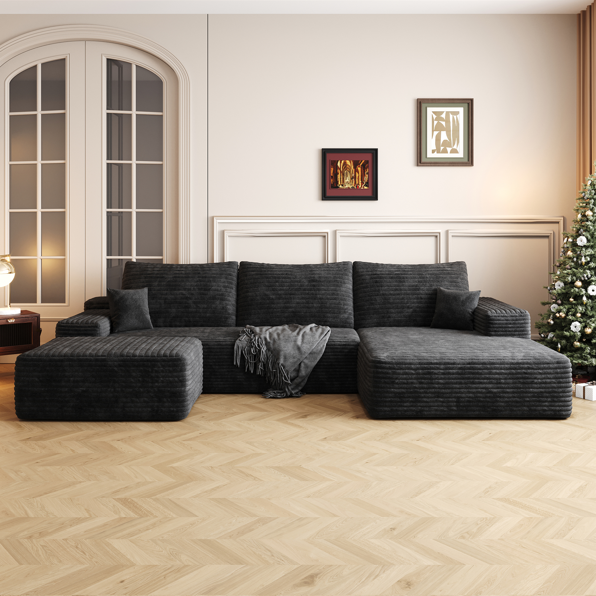 107" Cloud Sectional Sofa with 1 Ottoman,Modern Minimalist Upholstered Couches,Comfort U Shaped Sofa for Living Room,Deep Seat Corner Couch,No Assembly Required,Black (Plush Corduroy Fabric) - Image 2