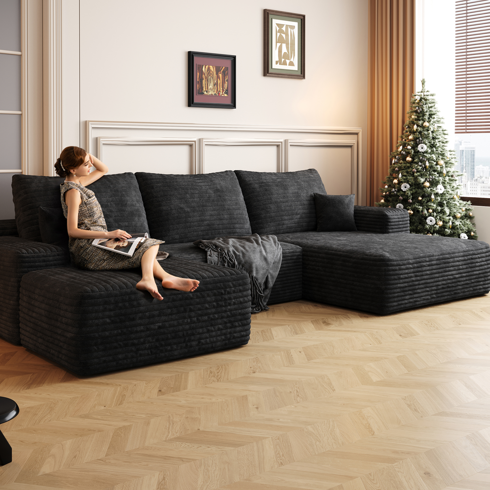 107" Cloud Sectional Sofa with 1 Ottoman,Modern Minimalist Upholstered Couches,Comfort U Shaped Sofa for Living Room,Deep Seat Corner Couch,No Assembly Required,Black (Plush Corduroy Fabric) - Image 4