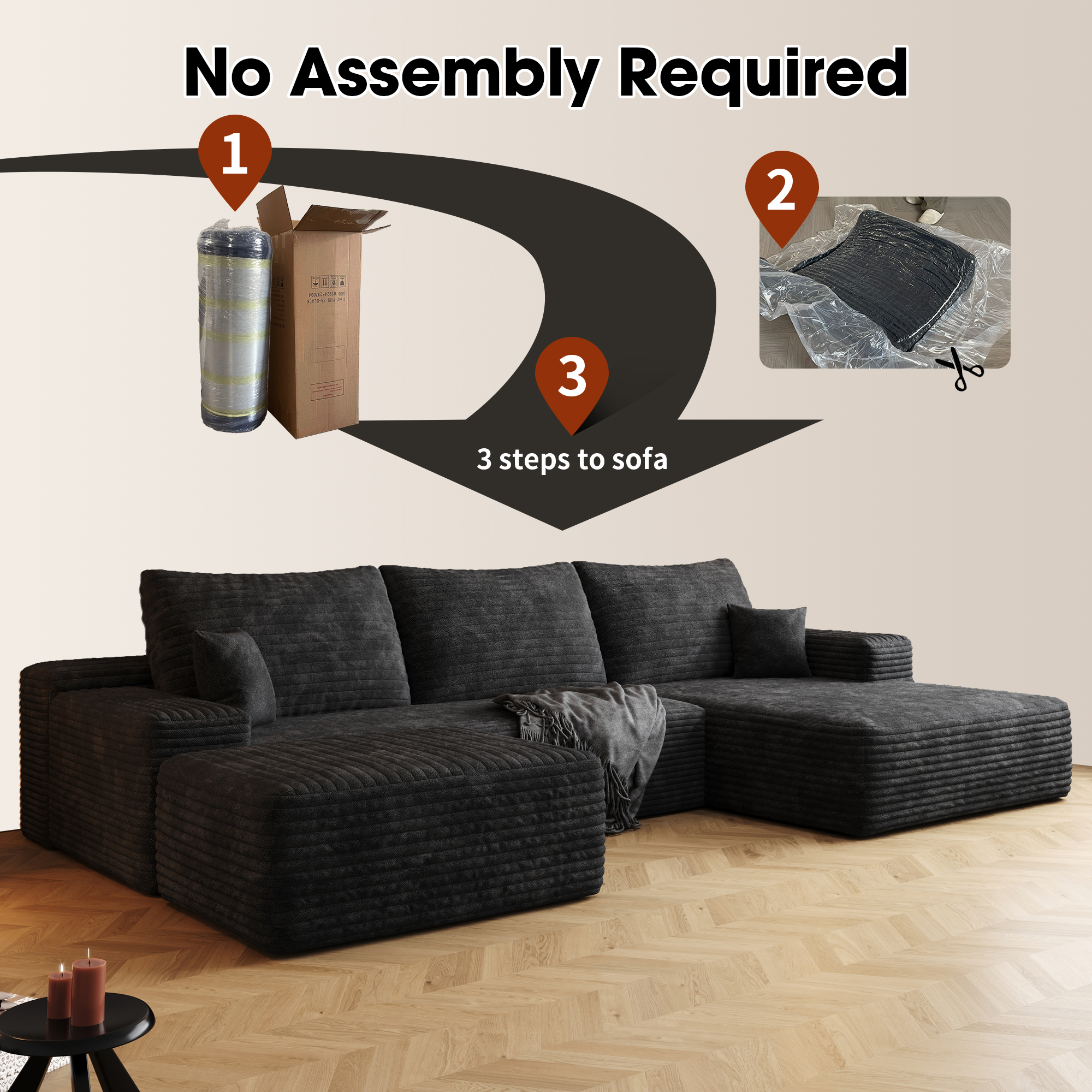 107" Cloud Sectional Sofa with 1 Ottoman,Modern Minimalist Upholstered Couches,Comfort U Shaped Sofa for Living Room,Deep Seat Corner Couch,No Assembly Required,Black (Plush Corduroy Fabric) - Image 5
