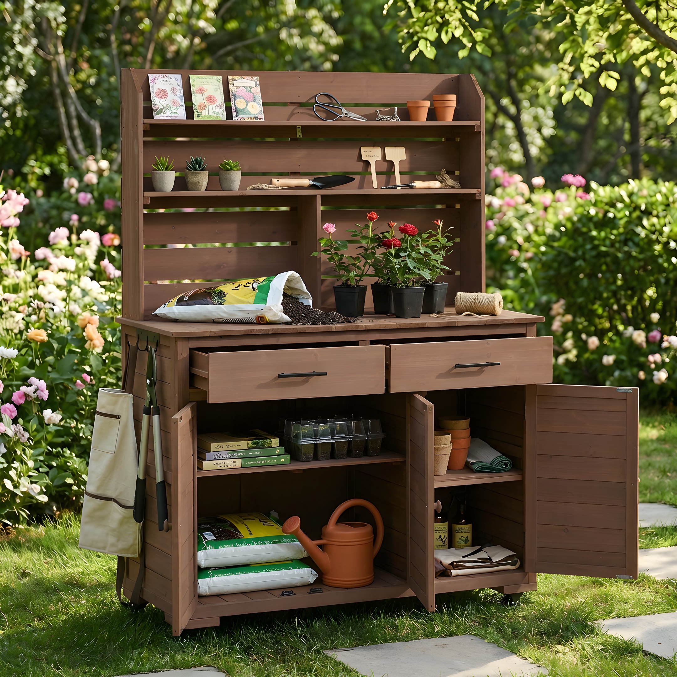 (Assembly Video) TOPMAX 65''H Large Garden Potting Bench with Lockable Wheels and Storage Cabinet, Wood Outdoor Kitchen Island Prep Cart with Hutch Top, Drawers and Removal Shelves for Grilling, Brown - Image 2