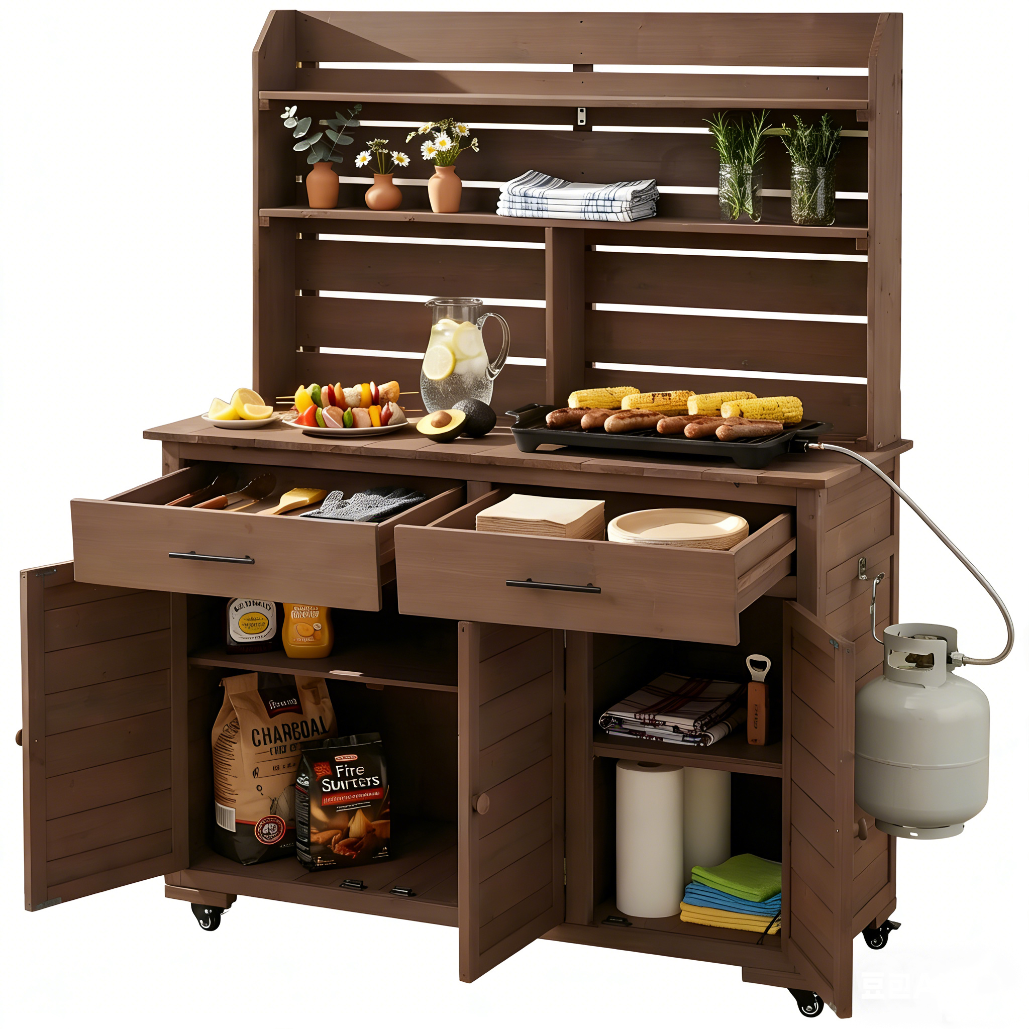 (Assembly Video) TOPMAX 65''H Large Garden Potting Bench with Lockable Wheels and Storage Cabinet, Wood Outdoor Kitchen Island Prep Cart with Hutch Top, Drawers and Removal Shelves for Grilling, Brown - Image 4