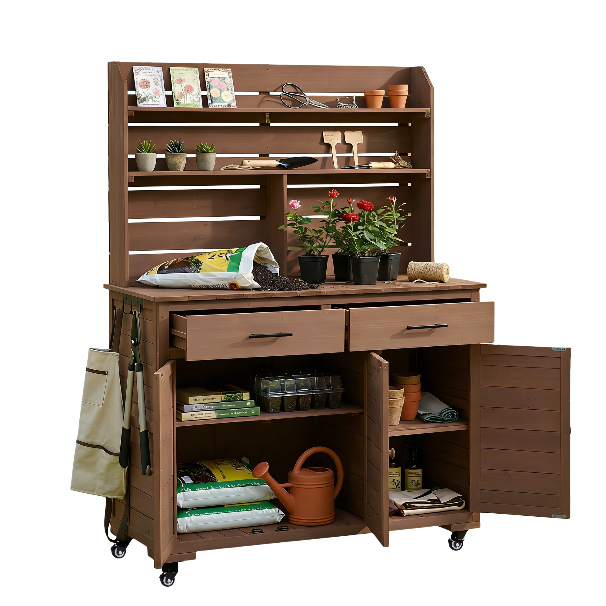 (Assembly Video) TOPMAX 65''H Large Garden Potting Bench with Lockable Wheels and Storage Cabinet, Wood Outdoor Kitchen Island Prep Cart with Hutch Top, Drawers and Removal Shelves for Grilling, Brown - Image 3