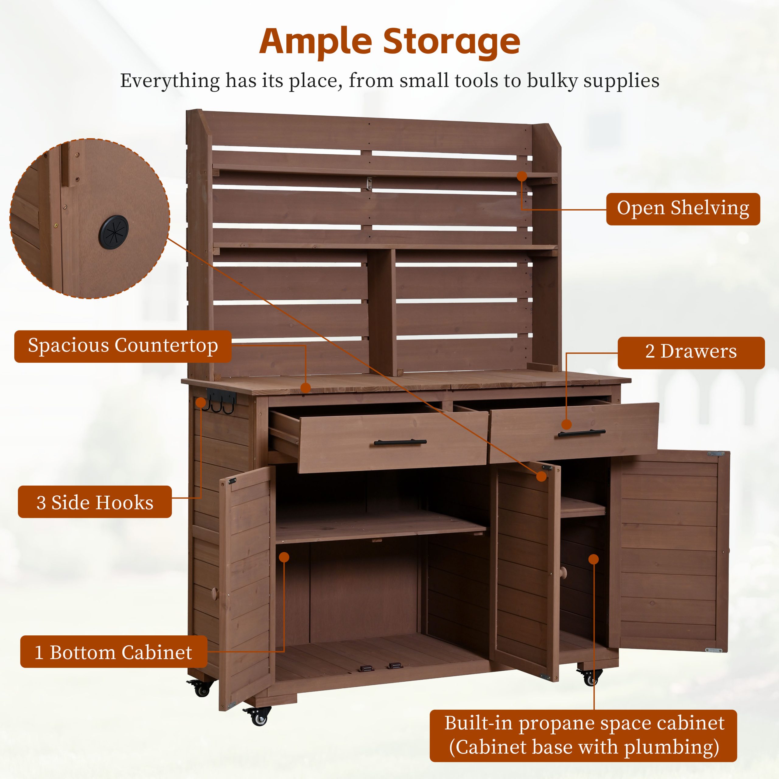 (Assembly Video) TOPMAX 65''H Large Garden Potting Bench with Lockable Wheels and Storage Cabinet, Wood Outdoor Kitchen Island Prep Cart with Hutch Top, Drawers and Removal Shelves for Grilling, Brown - Image 5