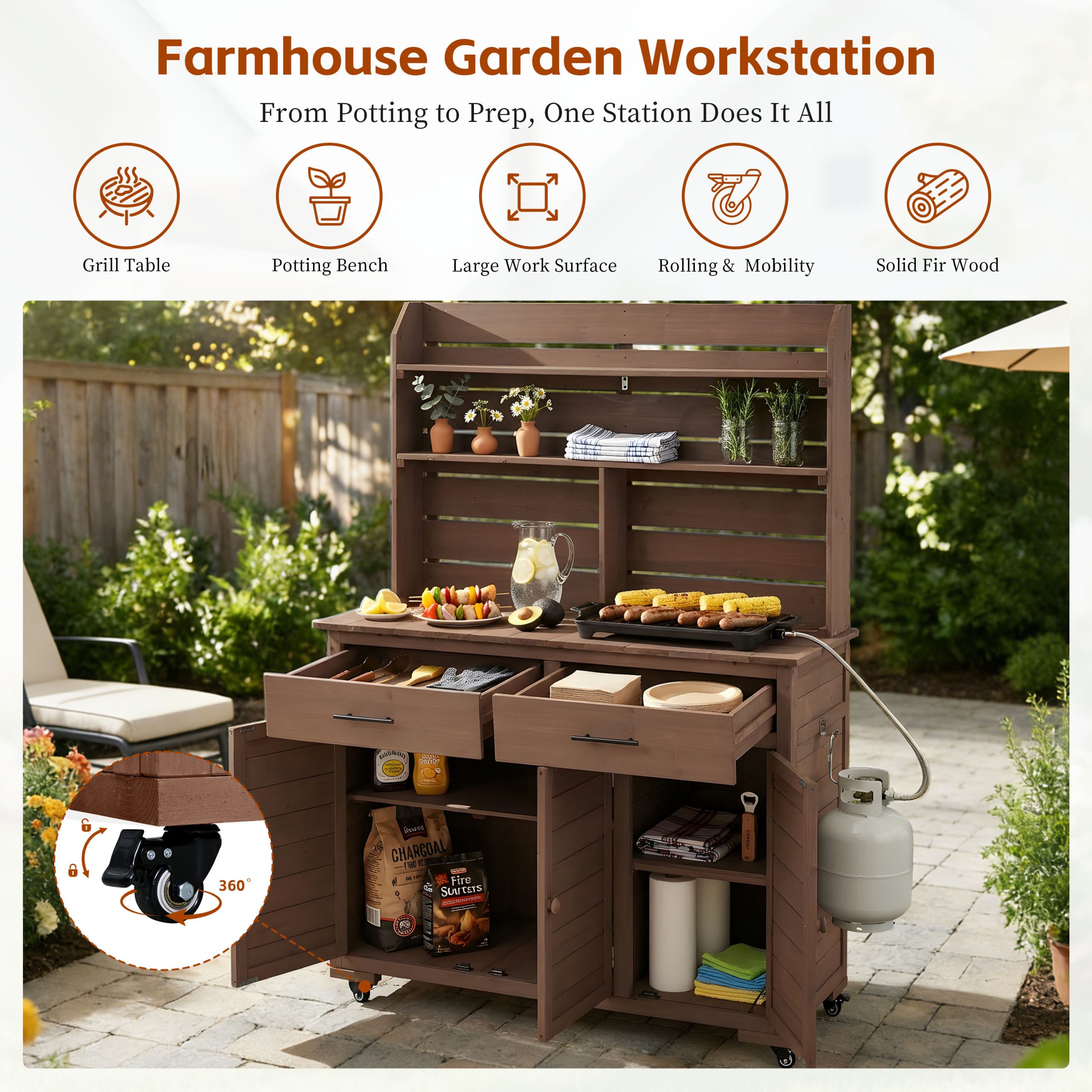 (Assembly Video) TOPMAX 65''H Large Garden Potting Bench with Lockable Wheels and Storage Cabinet, Wood Outdoor Kitchen Island Prep Cart with Hutch Top, Drawers and Removal Shelves for Grilling, Brown - Image 6