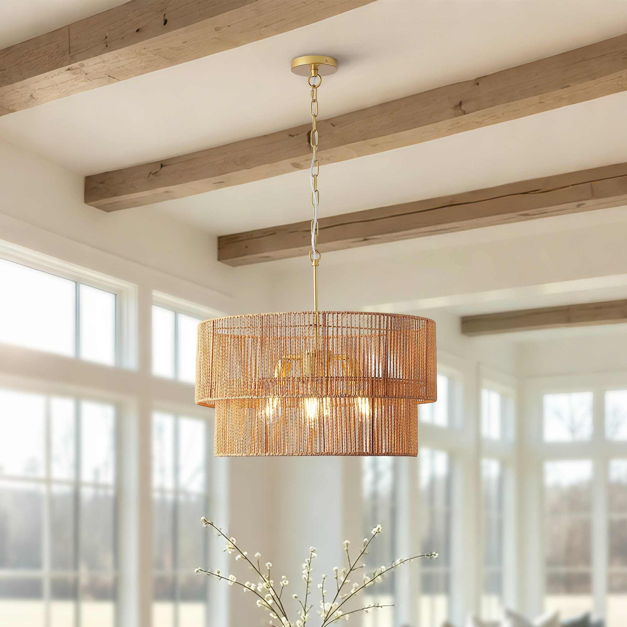 23.62" Handwoven Woven Paper Rattan Chandelier, 2-Tier Boho Wabi-Sabi Pendant Light, Gold Metal Hanging Ceiling Lamp, Wicker Lighting Fixture for Dining Room Kitchen Island Living Room - Image 2