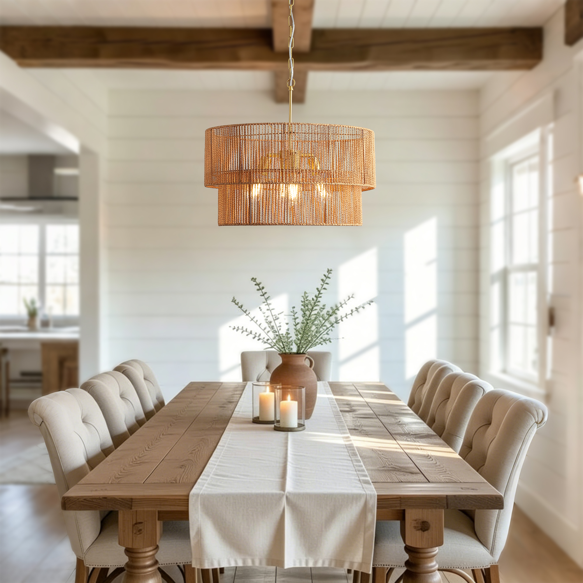 23.62" Handwoven Woven Paper Rattan Chandelier, 2-Tier Boho Wabi-Sabi Pendant Light, Gold Metal Hanging Ceiling Lamp, Wicker Lighting Fixture for Dining Room Kitchen Island Living Room - Image 4