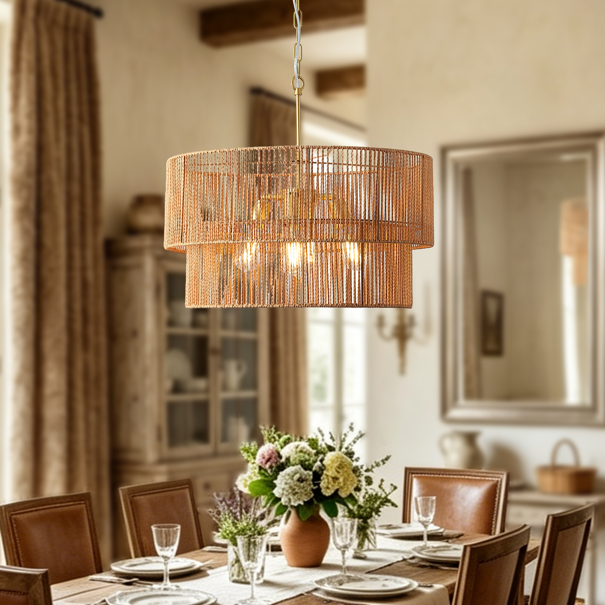 23.62" Handwoven Woven Paper Rattan Chandelier, 2-Tier Boho Wabi-Sabi Pendant Light, Gold Metal Hanging Ceiling Lamp, Wicker Lighting Fixture for Dining Room Kitchen Island Living Room - Image 3