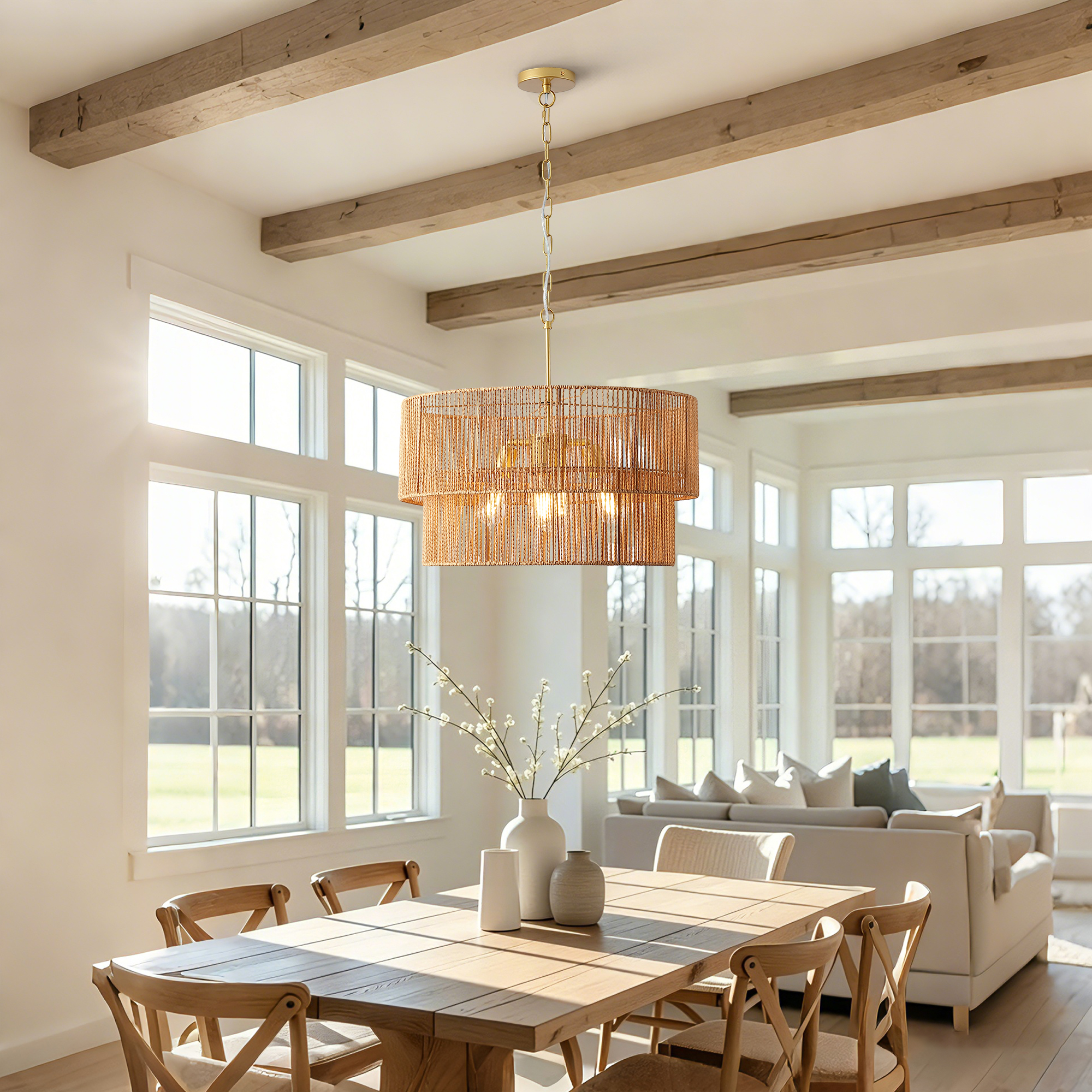 23.62" Handwoven Woven Paper Rattan Chandelier, 2-Tier Boho Wabi-Sabi Pendant Light, Gold Metal Hanging Ceiling Lamp, Wicker Lighting Fixture for Dining Room Kitchen Island Living Room - Image 5