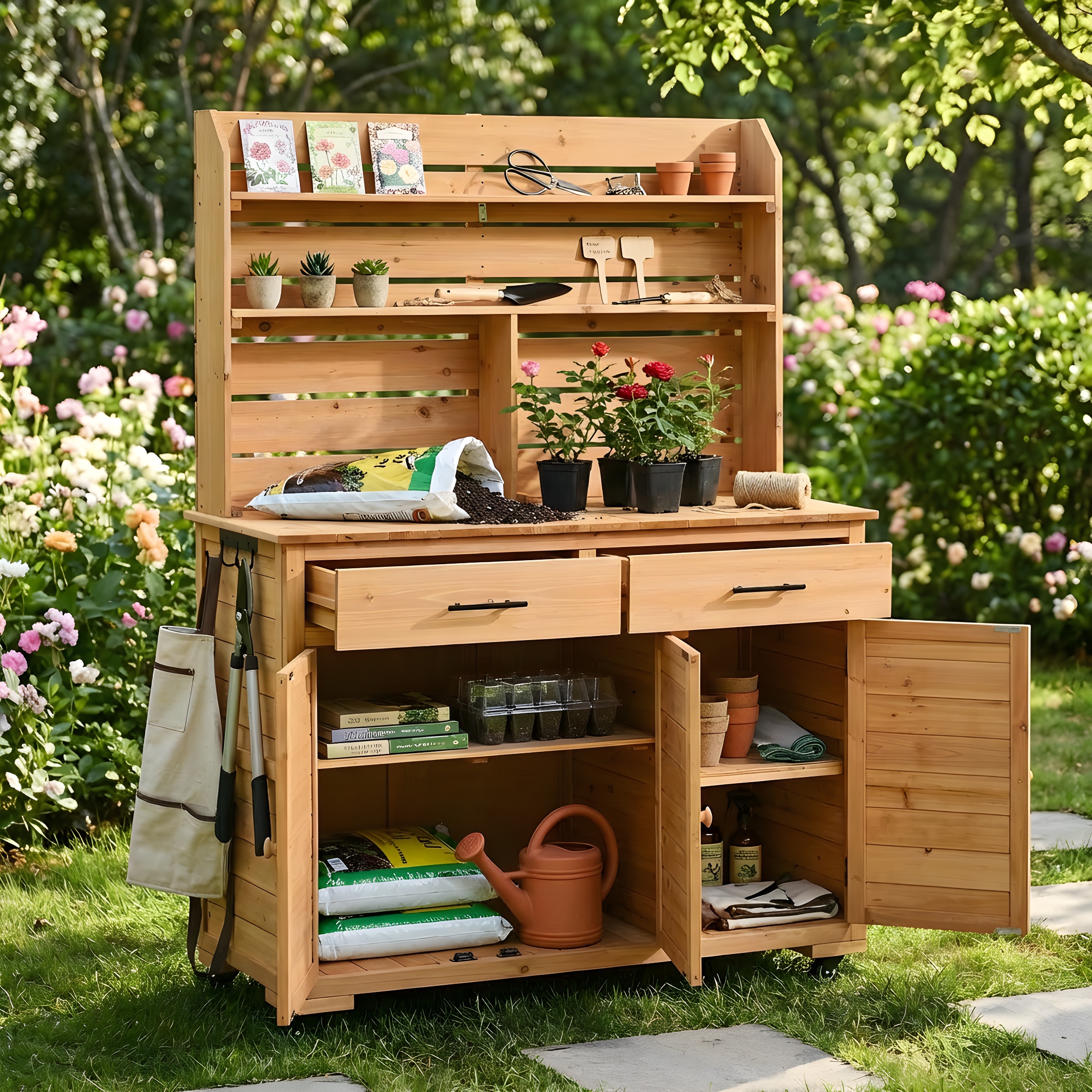 Assembly Video-TOPMAX 65''H Large Garden Potting Bench with Lockable Wheel and Storage Cabinet, Wood Outdoor Kitchen Island Prep Cart with Hutch Top, Drawers and Removal Shelves for Grilling, Natural - Image 2