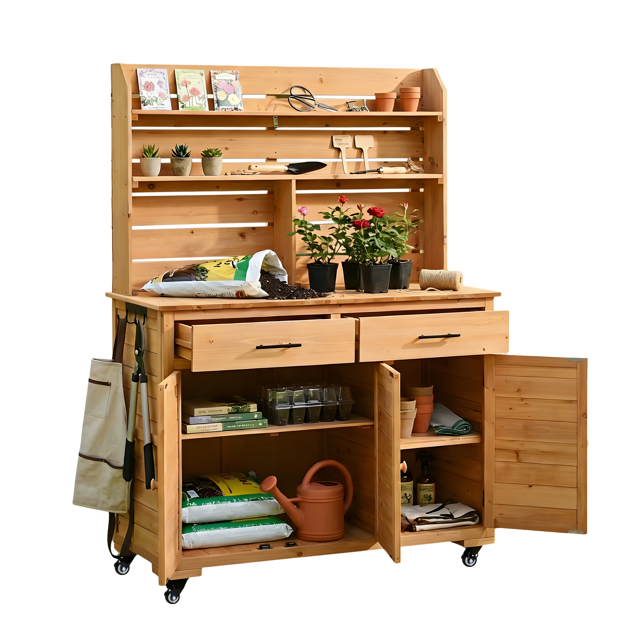 Assembly Video-TOPMAX 65''H Large Garden Potting Bench with Lockable Wheel and Storage Cabinet, Wood Outdoor Kitchen Island Prep Cart with Hutch Top, Drawers and Removal Shelves for Grilling, Natural - Image 3