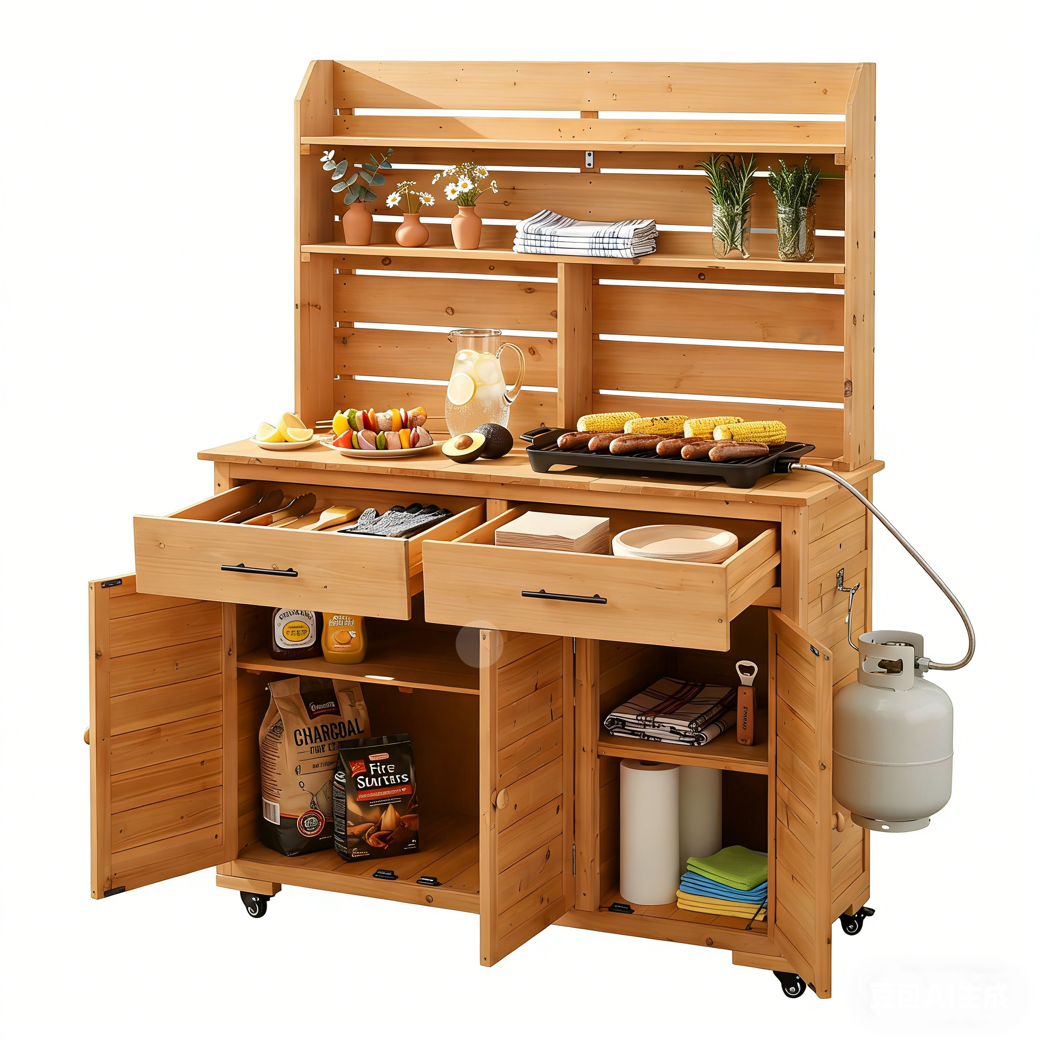 Assembly Video-TOPMAX 65''H Large Garden Potting Bench with Lockable Wheel and Storage Cabinet, Wood Outdoor Kitchen Island Prep Cart with Hutch Top, Drawers and Removal Shelves for Grilling, Natural - Image 4