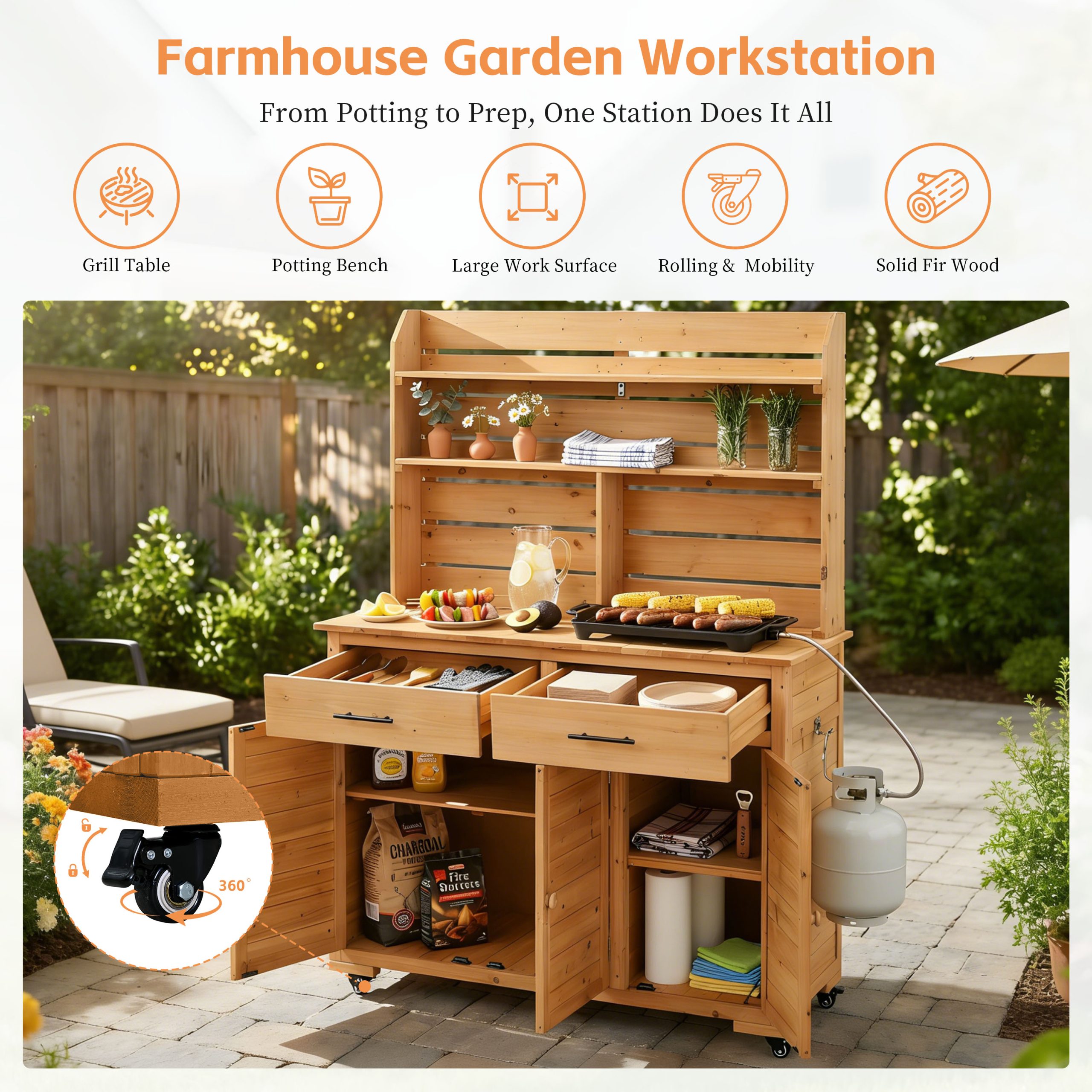 Assembly Video-TOPMAX 65''H Large Garden Potting Bench with Lockable Wheel and Storage Cabinet, Wood Outdoor Kitchen Island Prep Cart with Hutch Top, Drawers and Removal Shelves for Grilling, Natural - Image 5