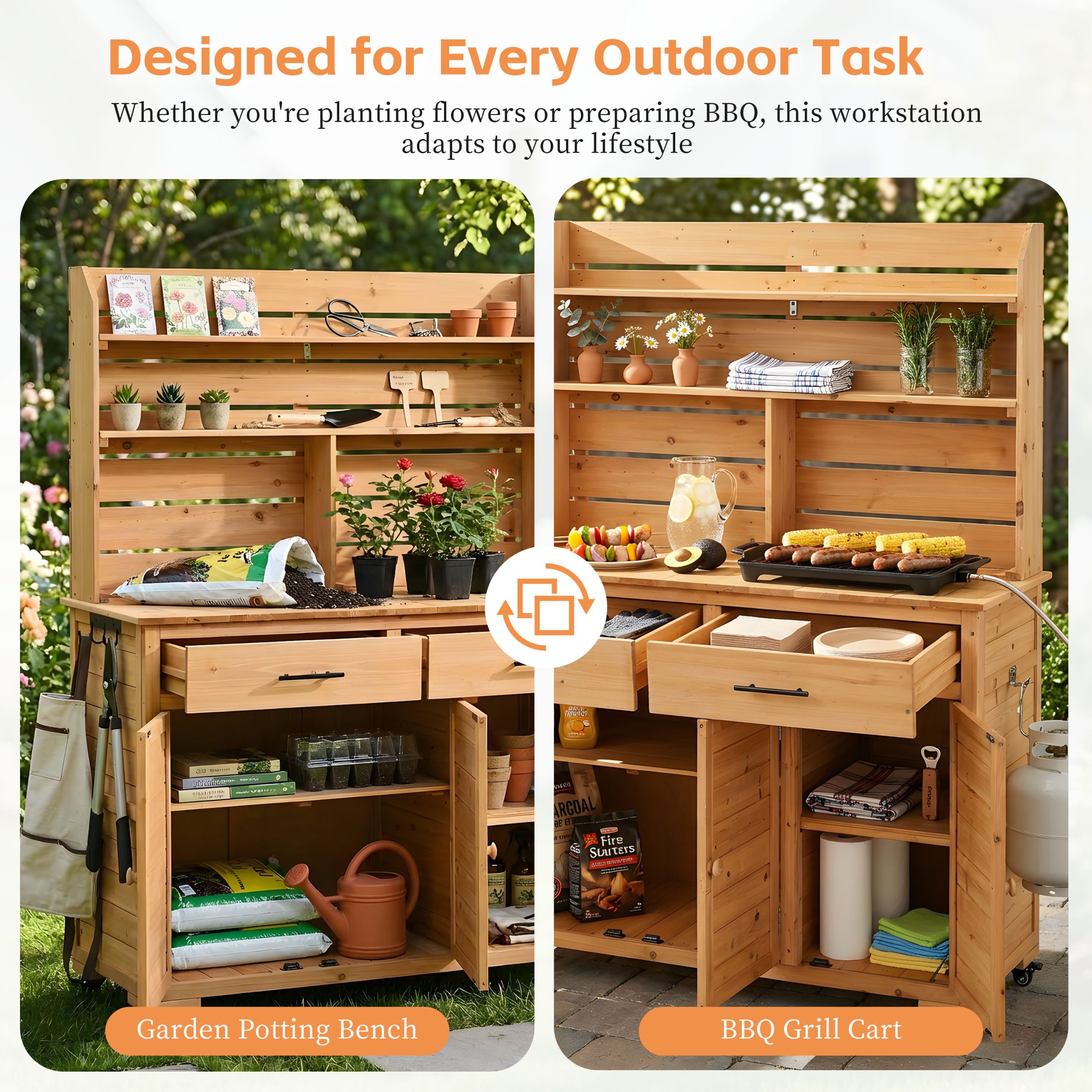 Assembly Video-TOPMAX 65''H Large Garden Potting Bench with Lockable Wheel and Storage Cabinet, Wood Outdoor Kitchen Island Prep Cart with Hutch Top, Drawers and Removal Shelves for Grilling, Natural - Image 6