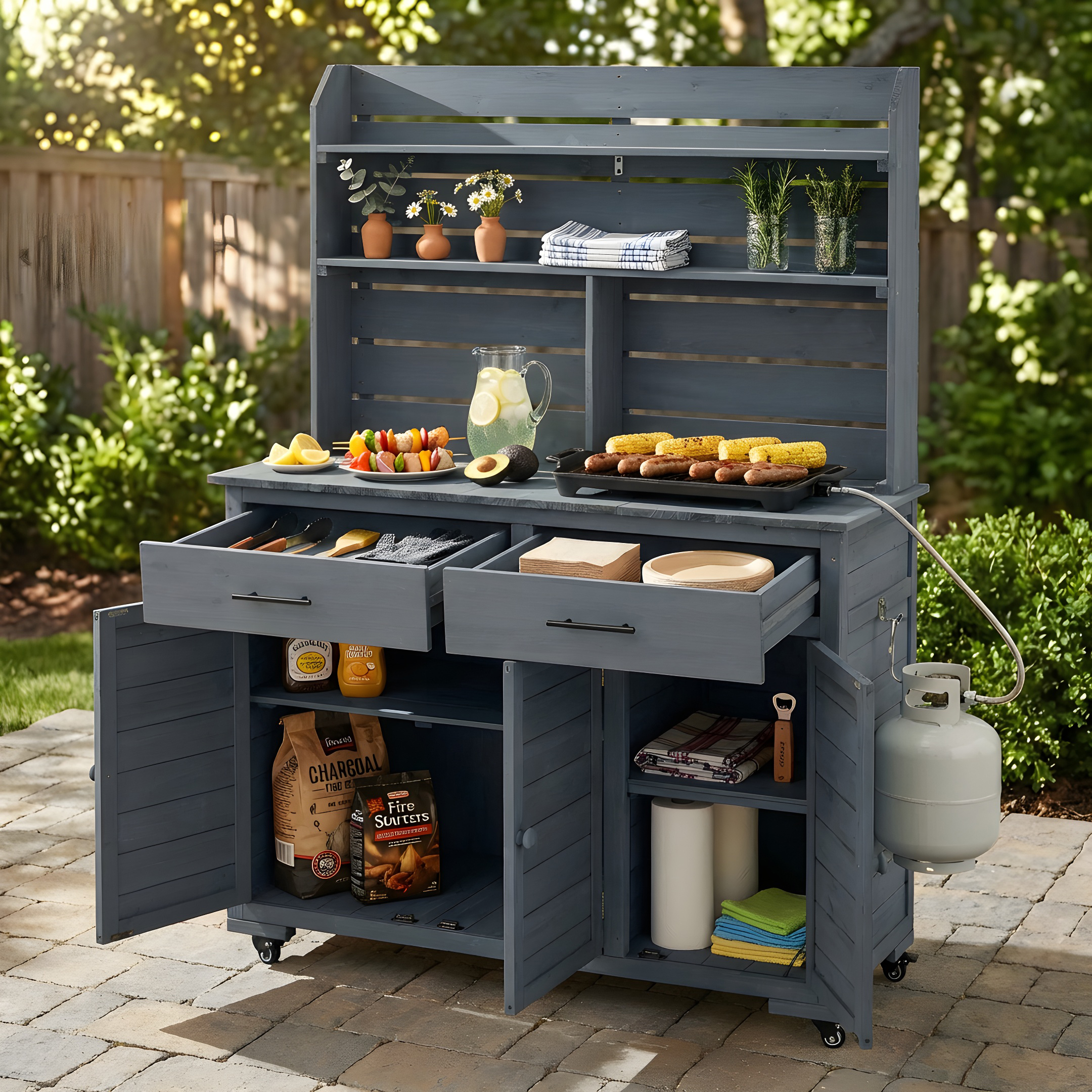 (Assembly Video) TOPMAX 65''H Large Garden Potting Bench with Lockable Wheels and Storage Cabinet, Wood Outdoor Kitchen Island Prep Cart with Hutch Top, Drawers and Removal Shelves for Grilling, Gray - Image 2